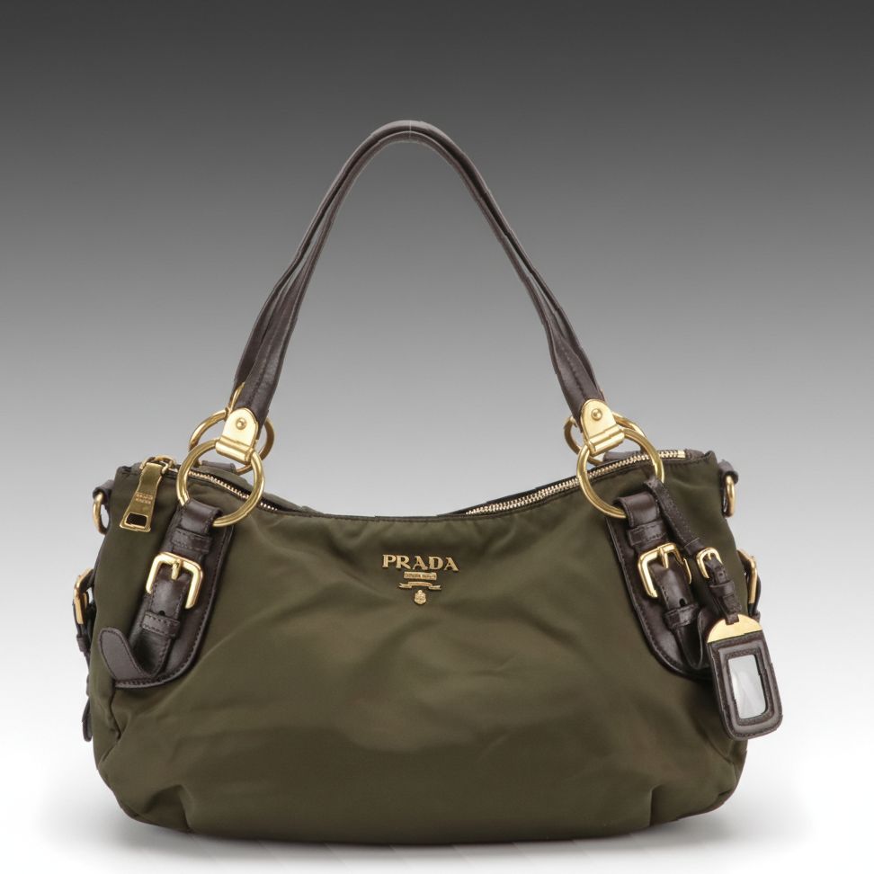 Prada Army Green Tessuto Nylon and Brown Calfskin Leather Boston Bag