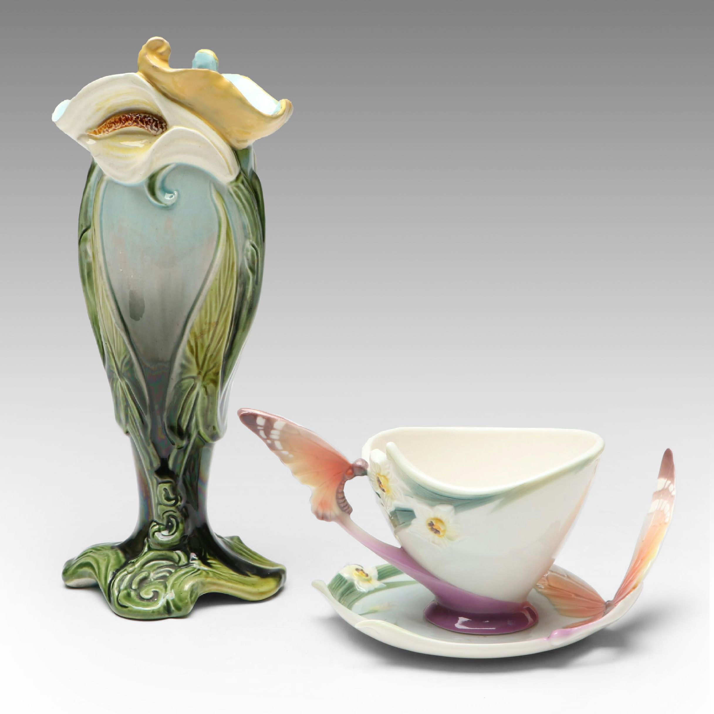 Franz Porcelain Butterfly Cup and Saucer with Art Nouveau Style Lily Vase
