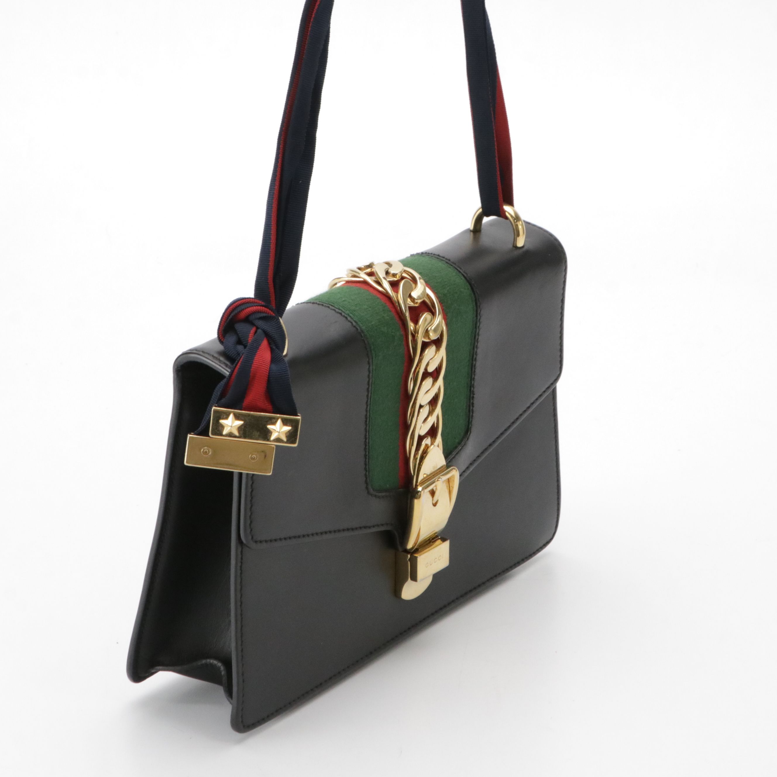 Gucci Medium Sylvie Shoulder Bag in Web Striped Midnight Blue Calfskin Leather