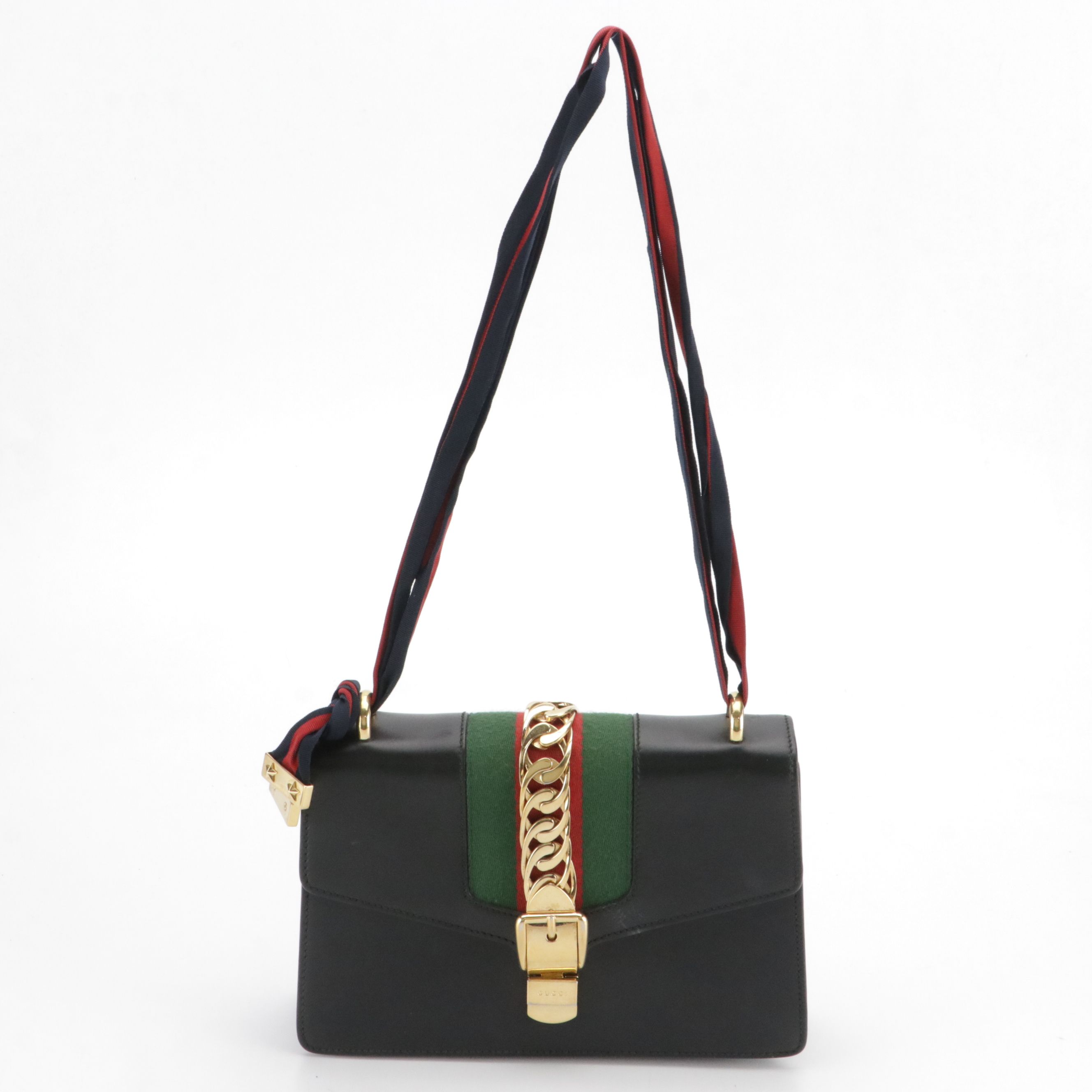 Gucci Medium Sylvie Shoulder Bag in Web Striped Midnight Blue Calfskin Leather