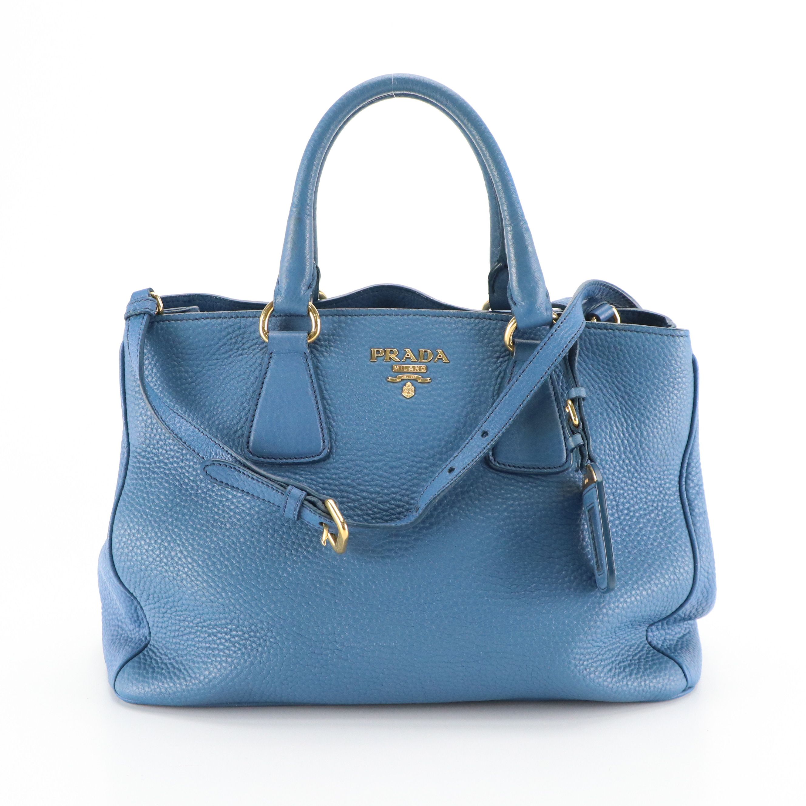 Prada Two-Way Tote Bag in Blue Vitello Daino Leather