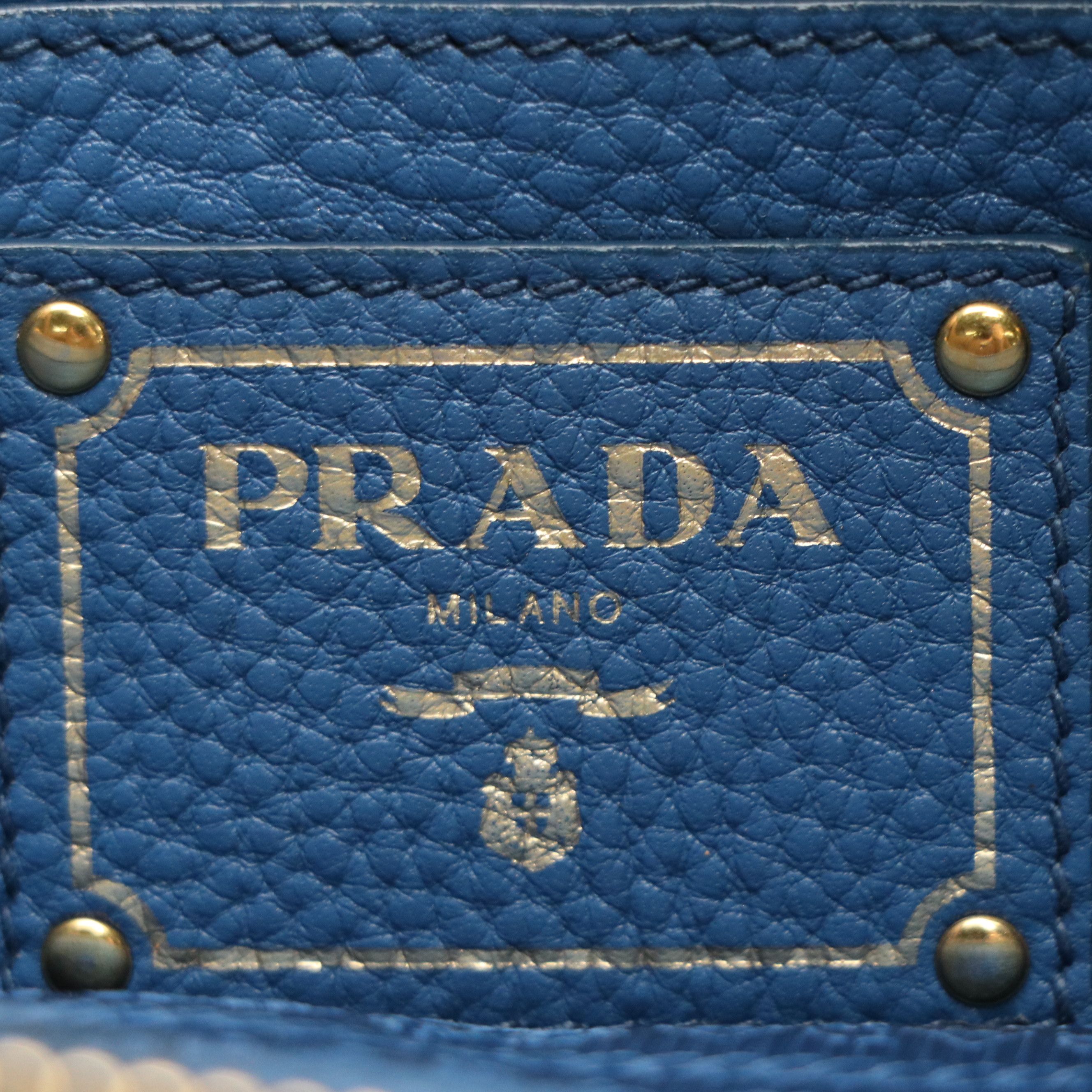 Prada Two-Way Tote Bag in Blue Vitello Daino Leather