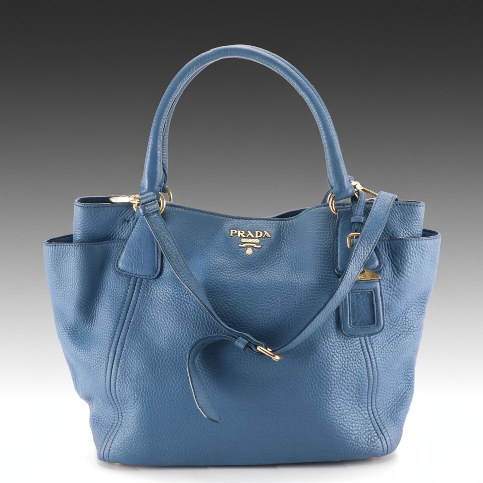 Prada Two-Way Tote Bag in Blue Vitello Daino Leather