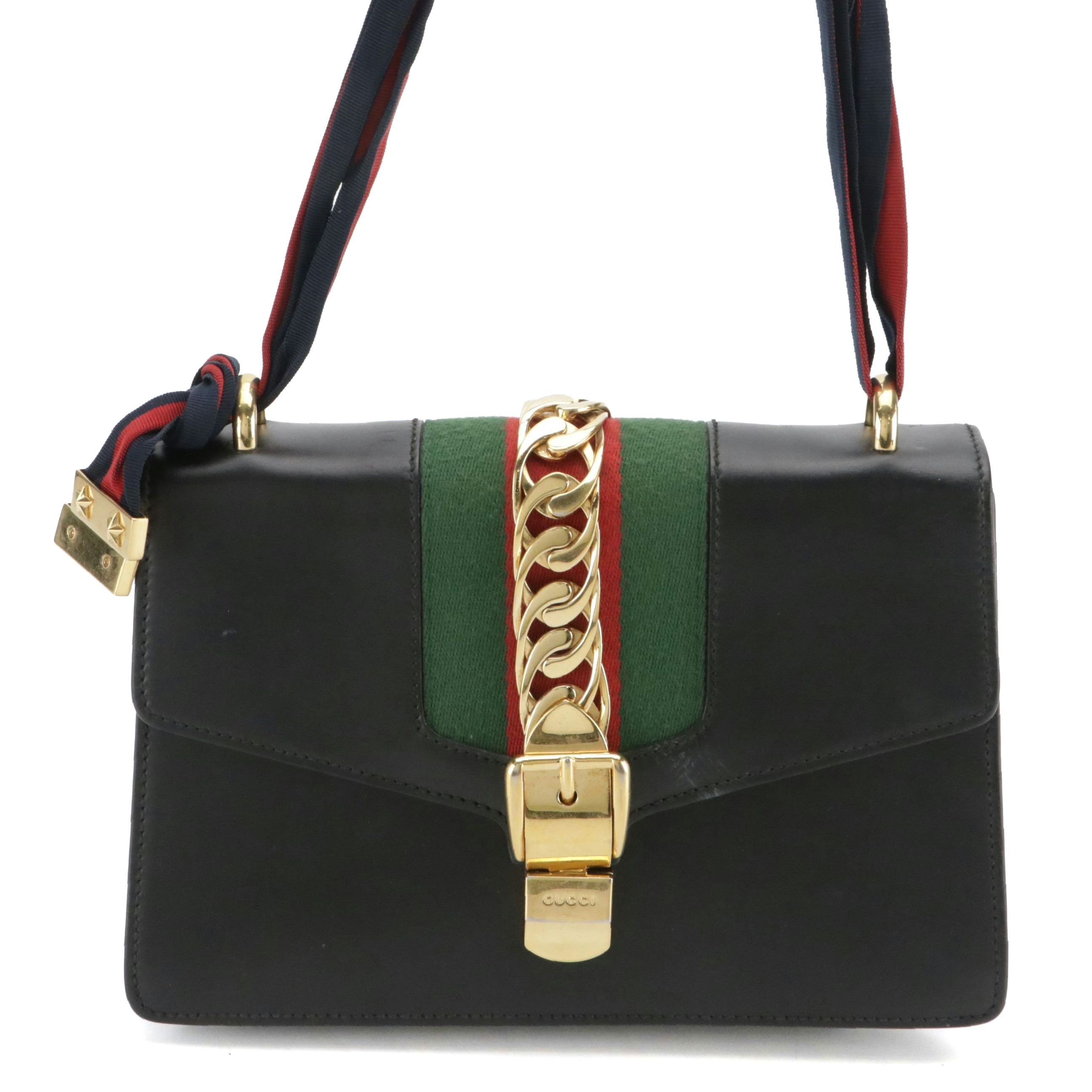 Gucci Medium Sylvie Shoulder Bag in Web Striped Midnight Blue Calfskin Leather