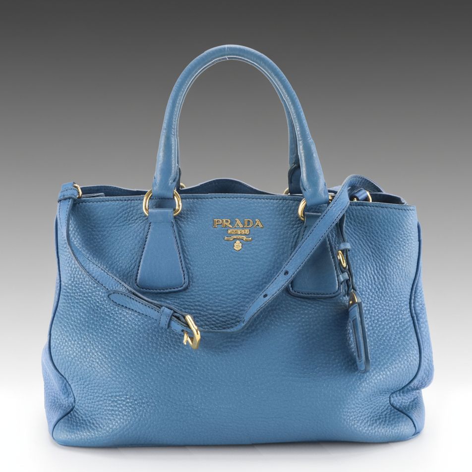 Prada Two-Way Tote Bag in Blue Vitello Daino Leather