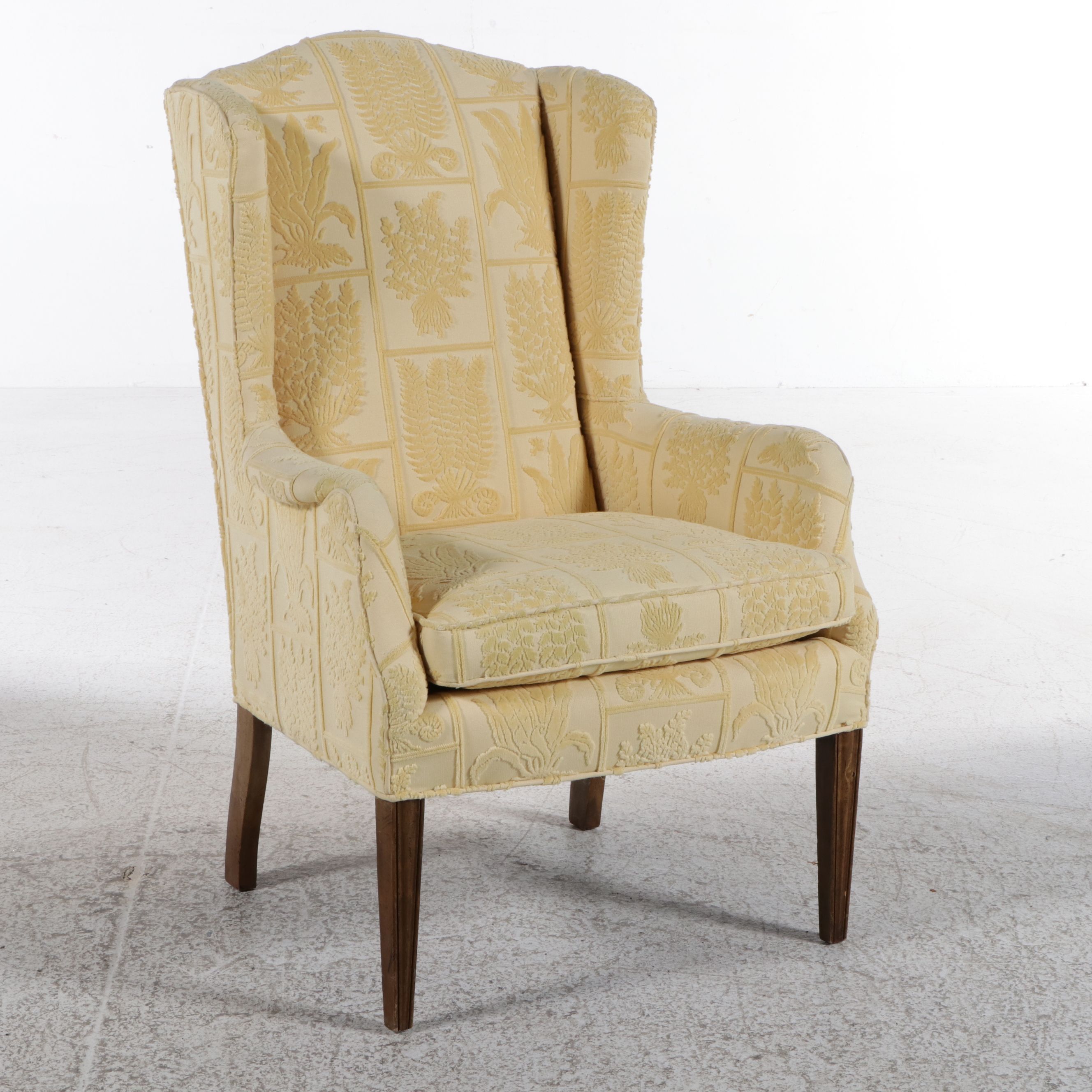Chippendale Style Yellow Floral Damask Upholstered Wingback Chair