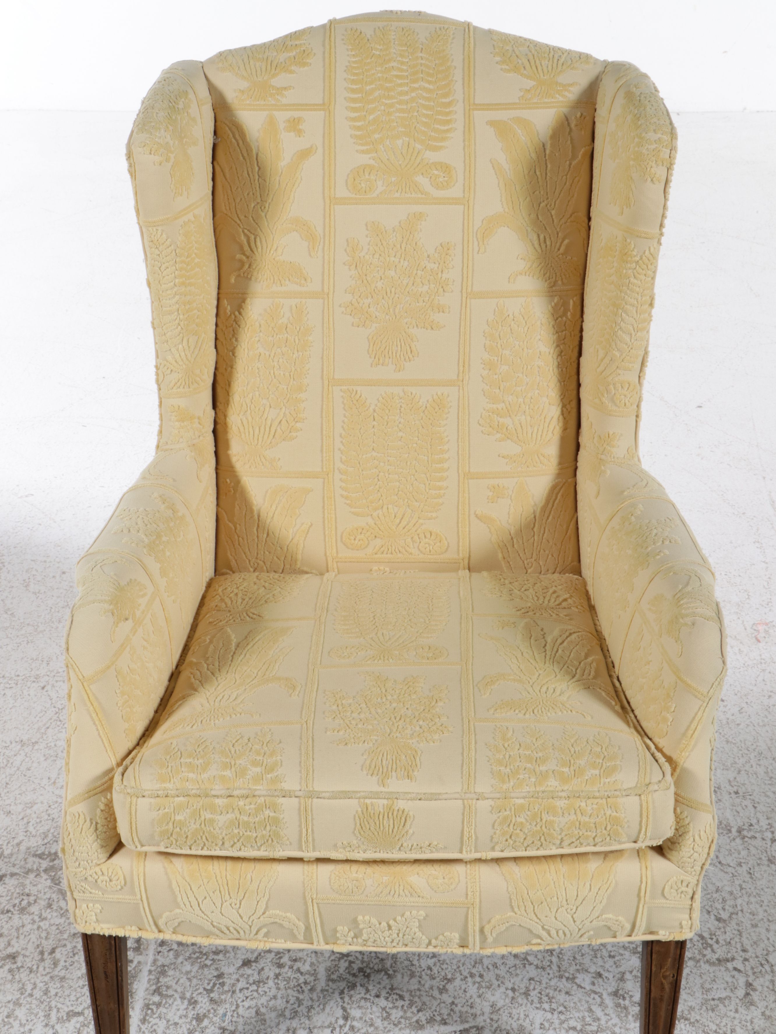 Chippendale Style Yellow Floral Damask Upholstered Wingback Chair