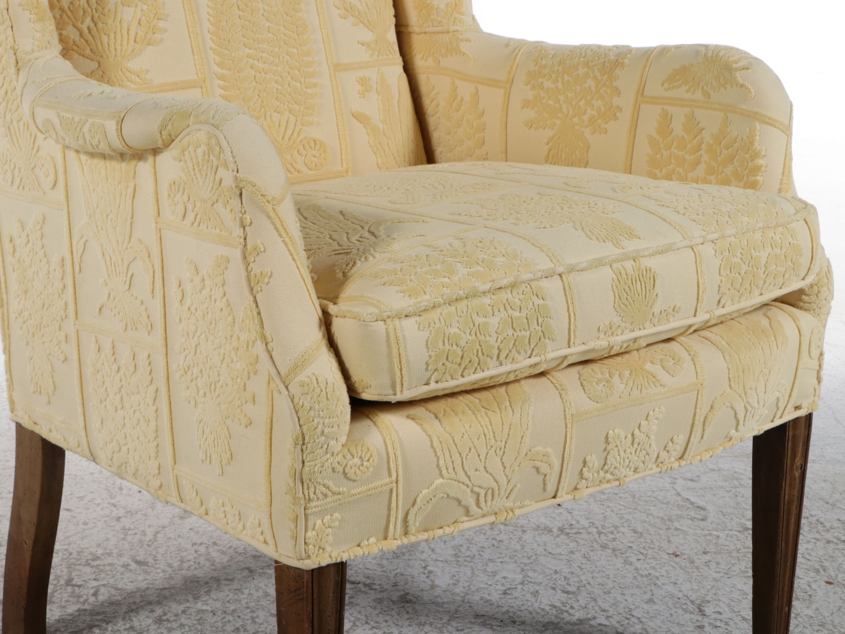 Chippendale Style Yellow Floral Damask Upholstered Wingback Chair