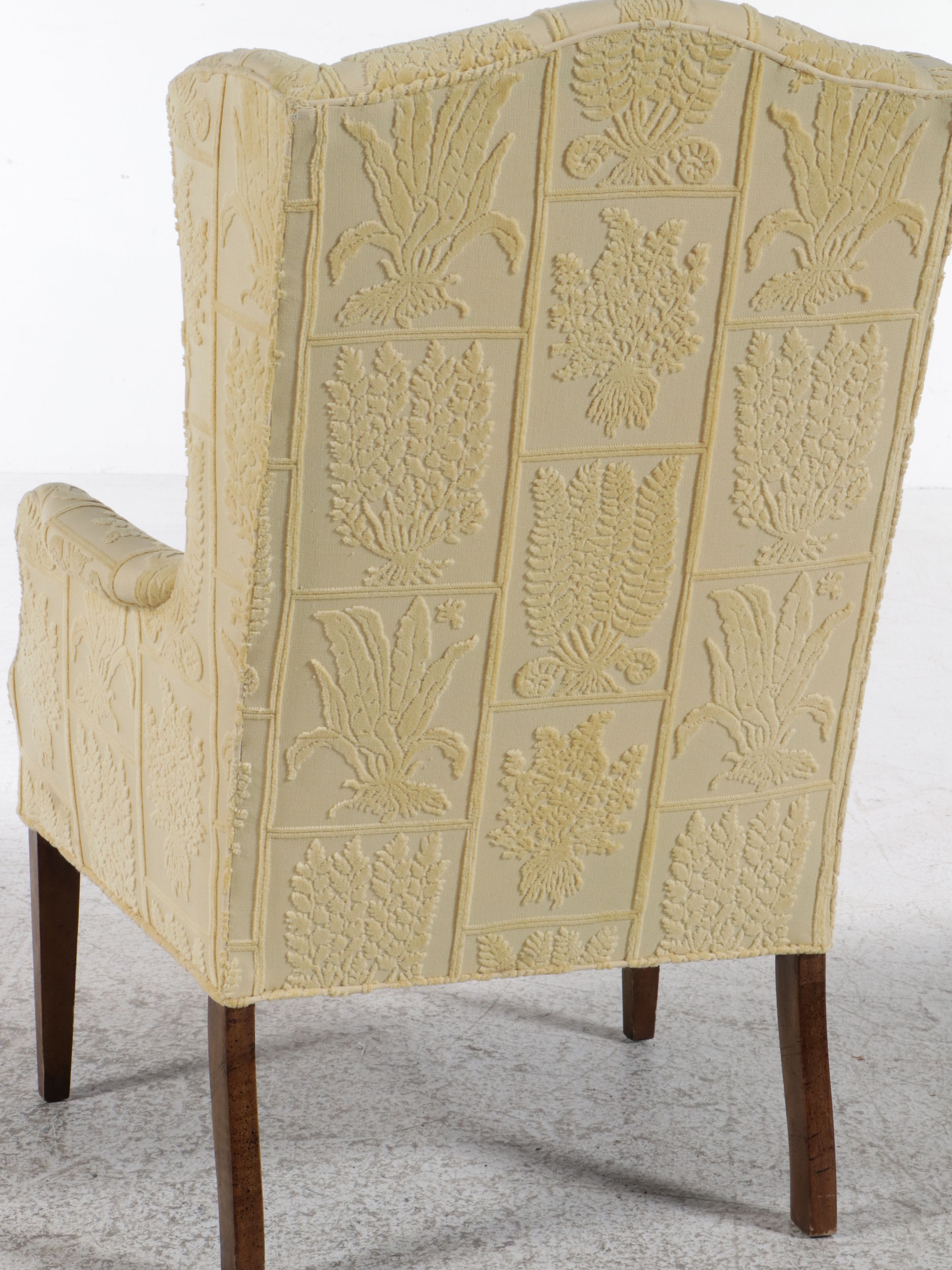 Chippendale Style Yellow Floral Damask Upholstered Wingback Chair