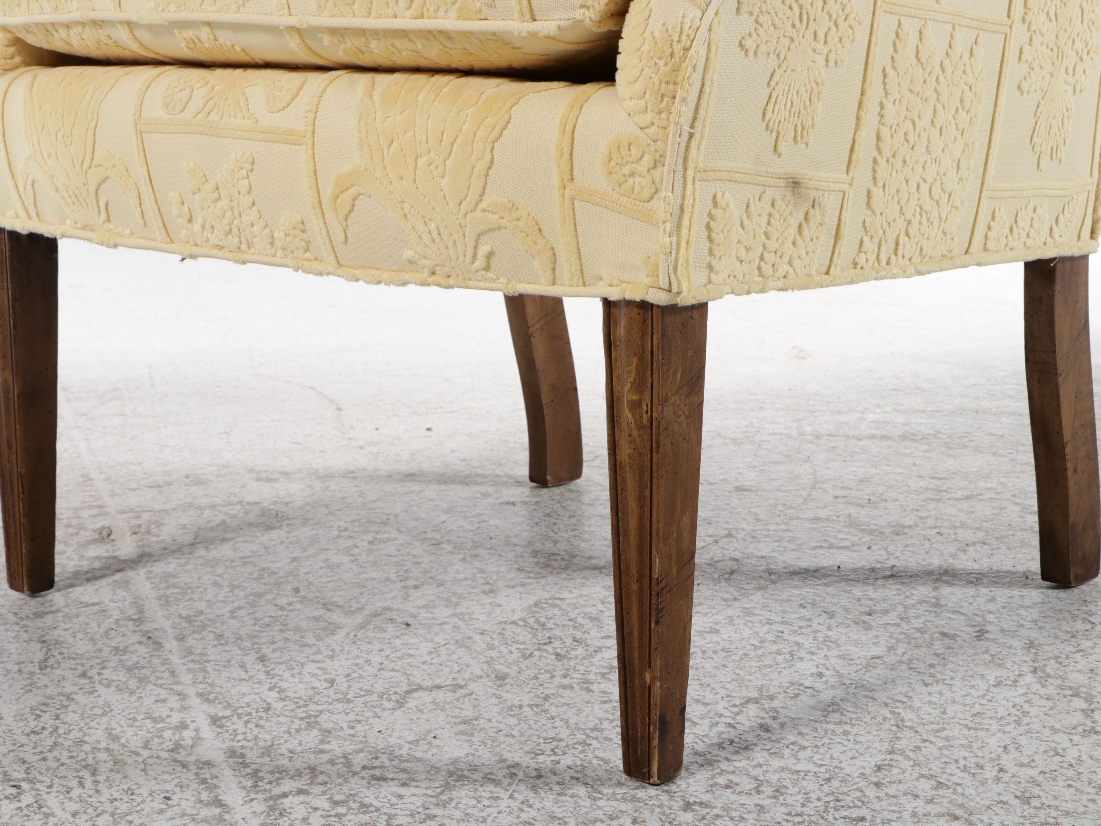 Chippendale Style Yellow Floral Damask Upholstered Wingback Chair