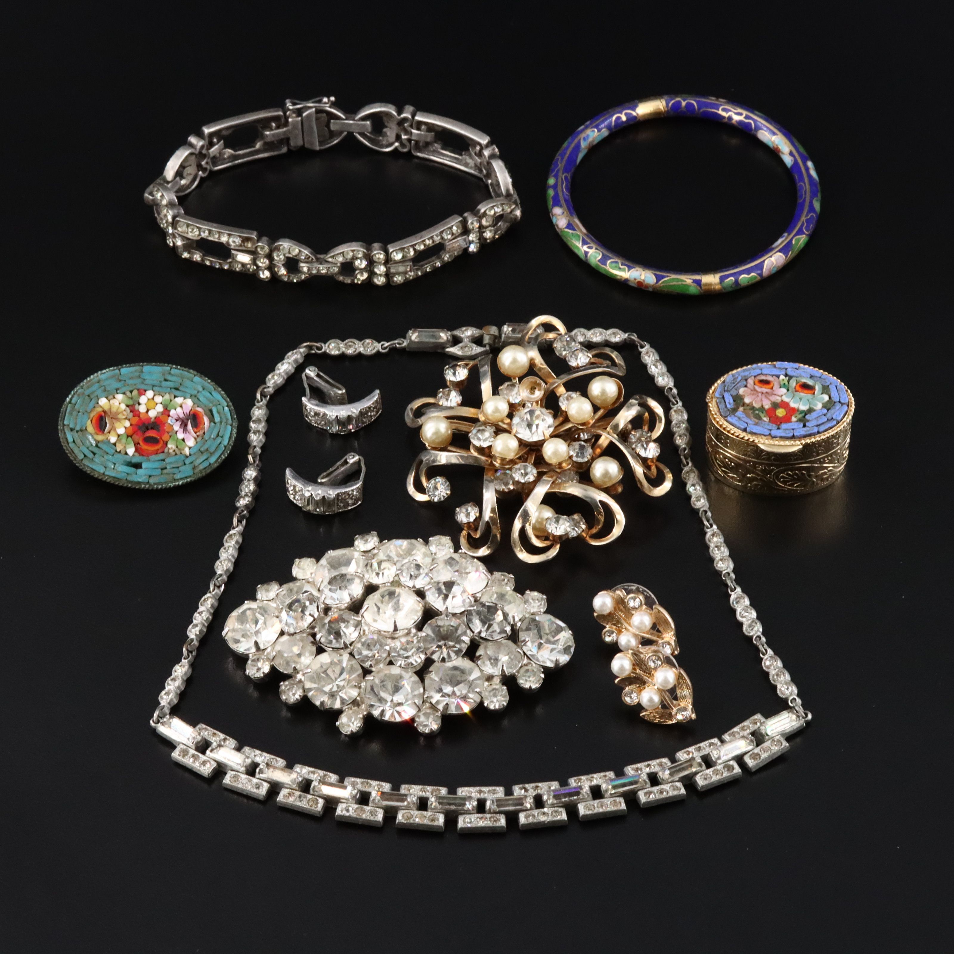 Cloisonné, Micromosaic and Rhinestones Featured in Vintage Jewelry