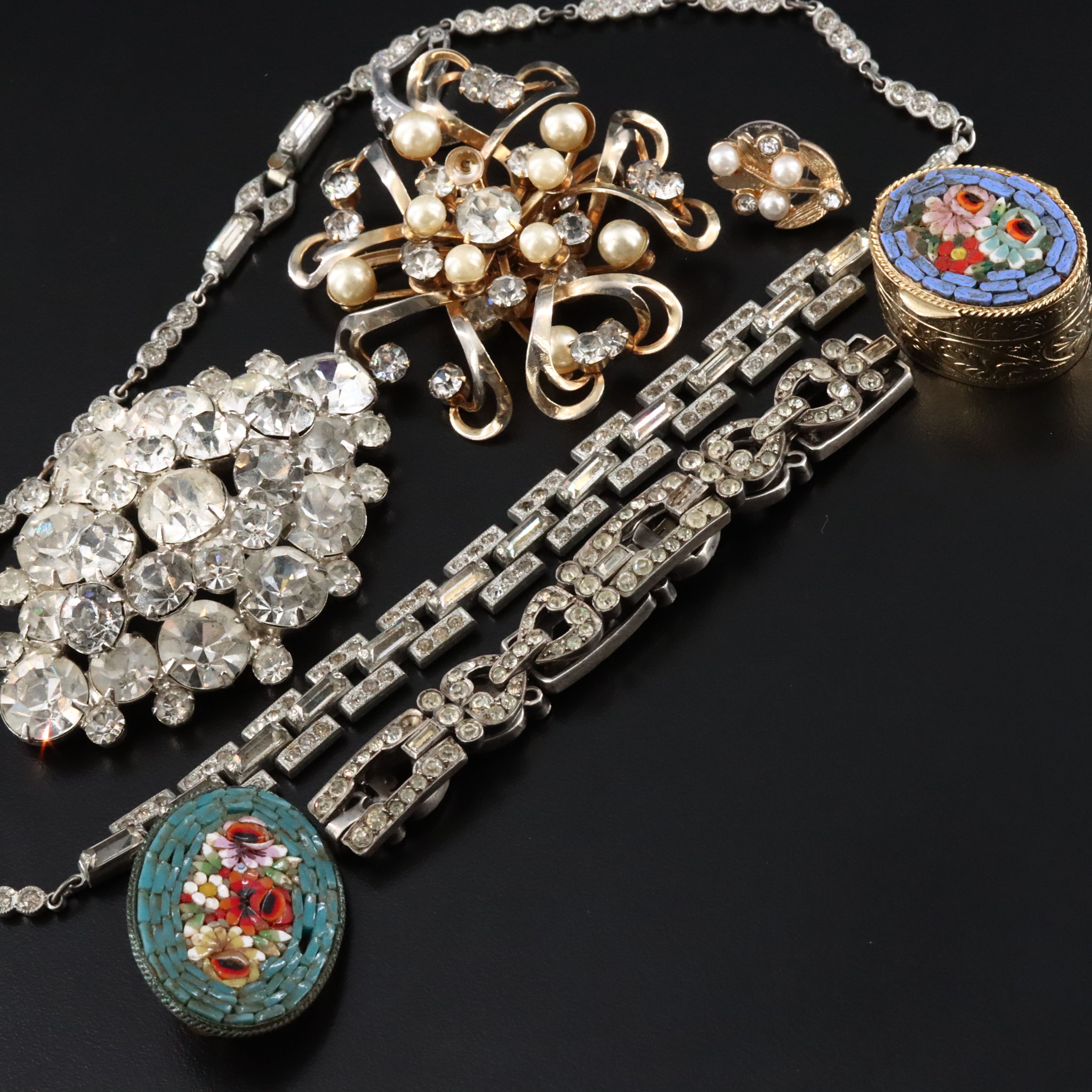 Cloisonné, Micromosaic and Rhinestones Featured in Vintage Jewelry