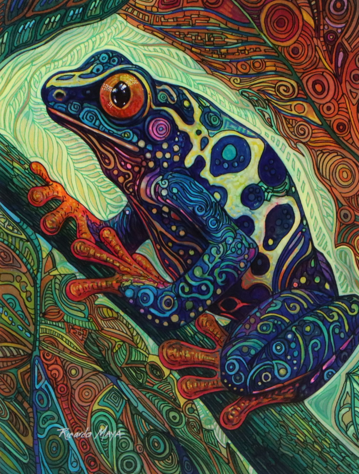 Ricardo Maya Stylized Frog Acrylic Painting, Circa 2026