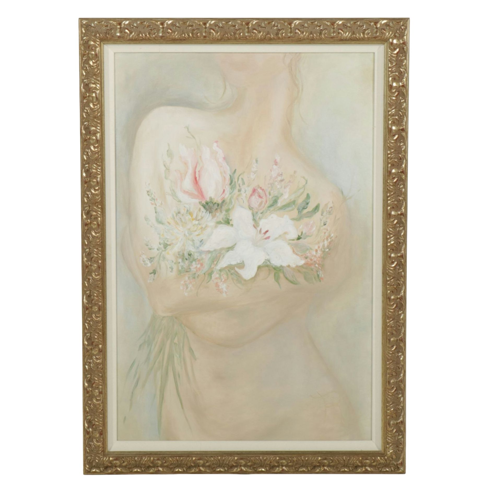 Figural Oil Painting of Woman Holding a Bouquet of Flowers, Late 20th Century