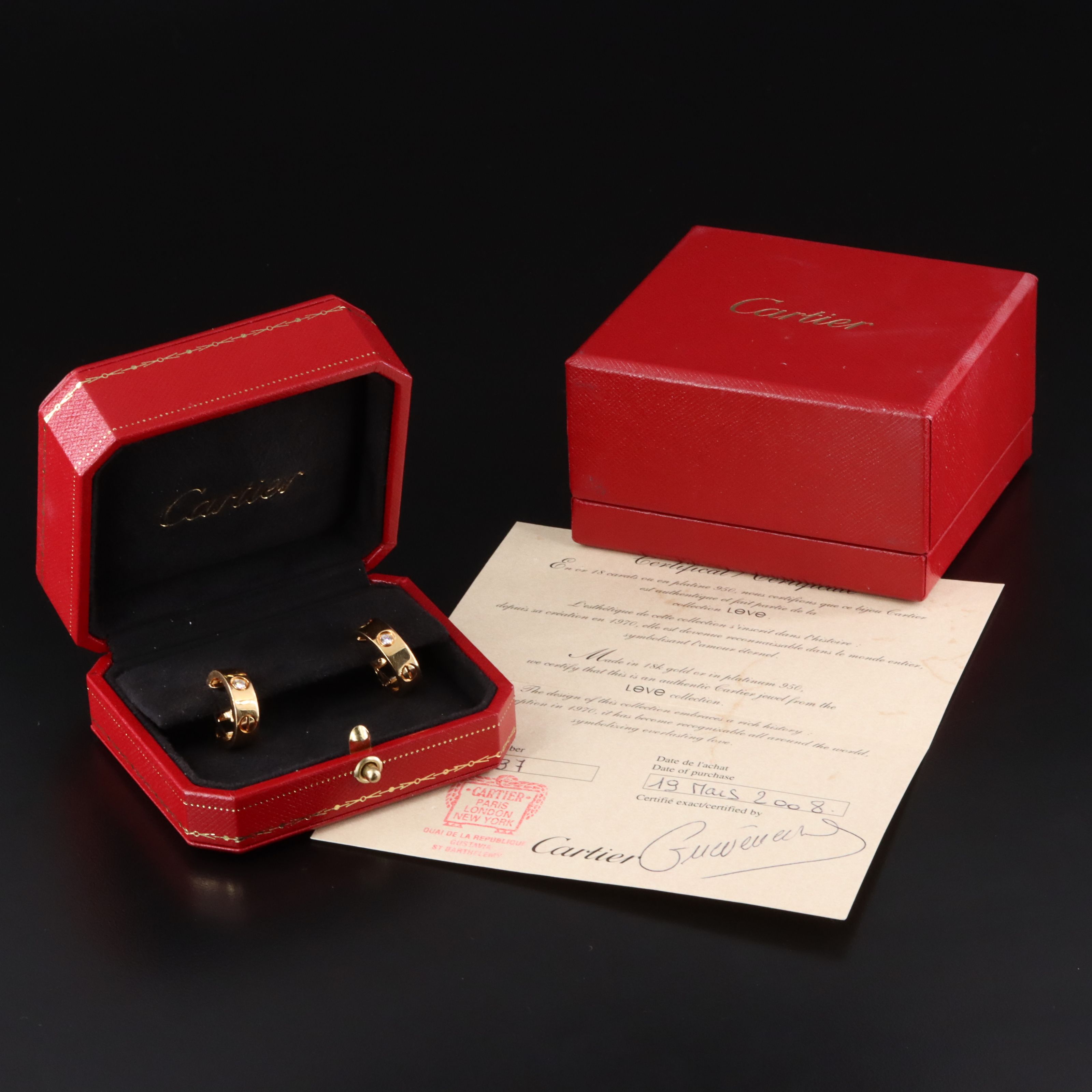 Cartier LOVE 18K Two Diamonds Classic Model Hoop Earrings with COA