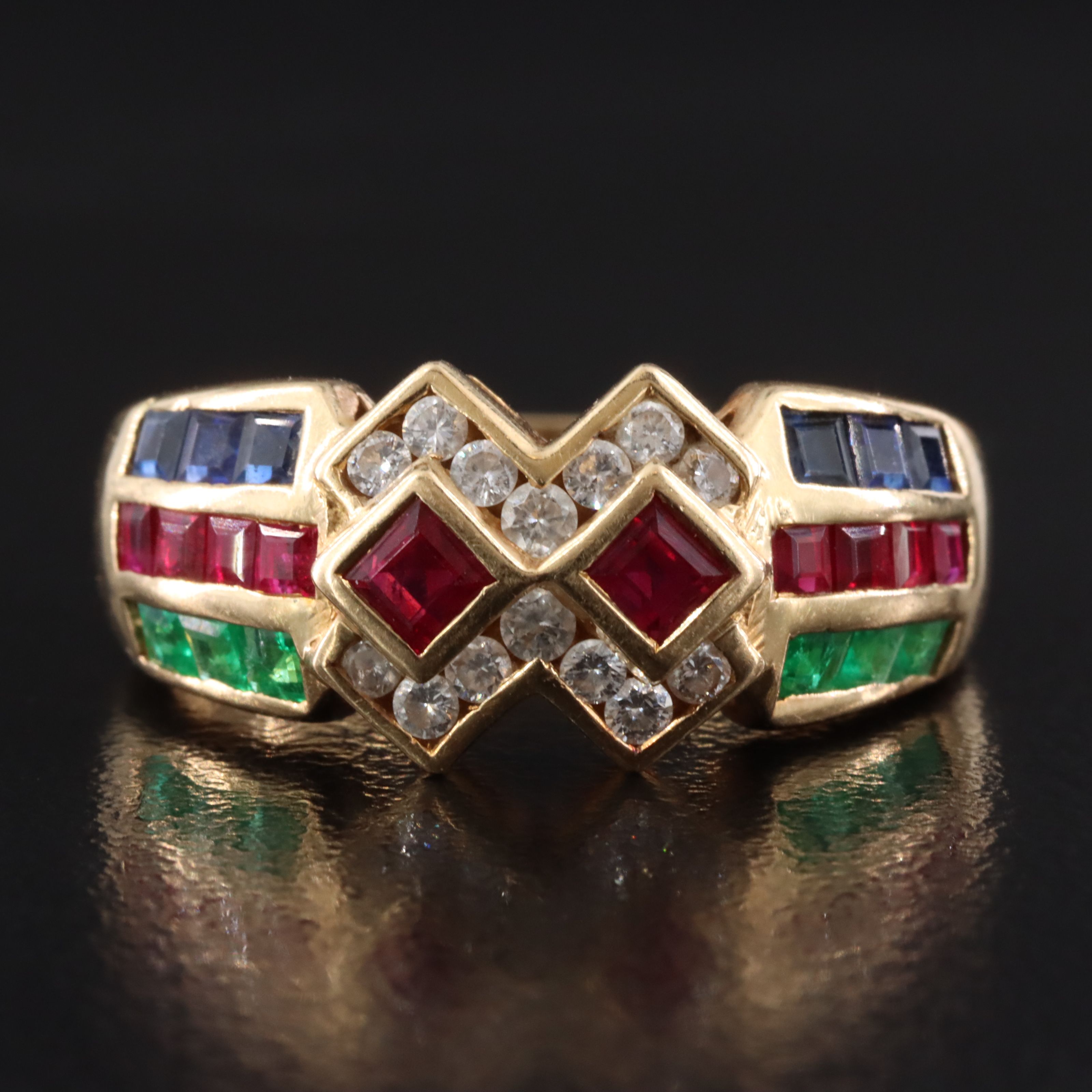 18K Ruby, Emerald, Sapphire and Diamond Ring
