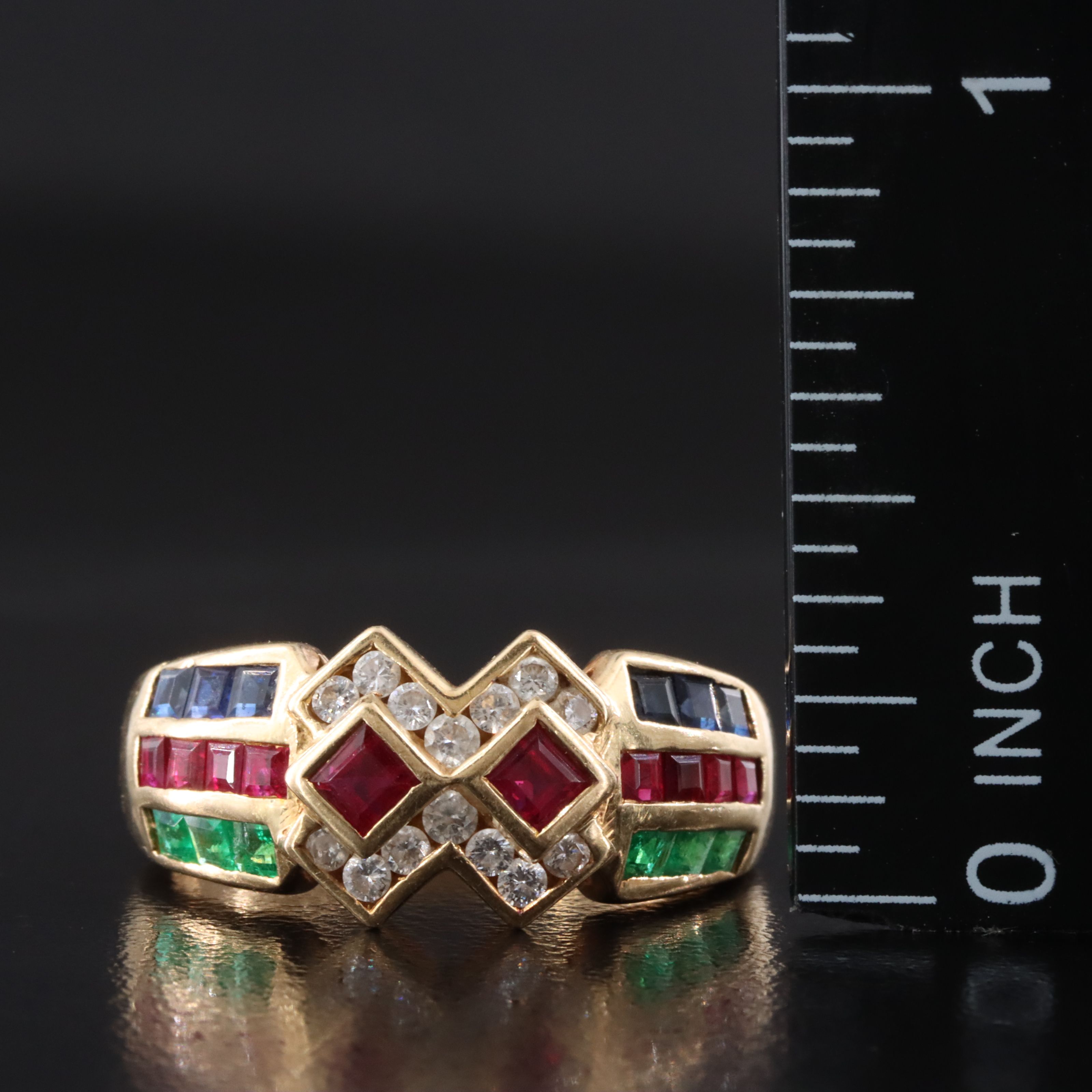18K Ruby, Emerald, Sapphire and Diamond Ring