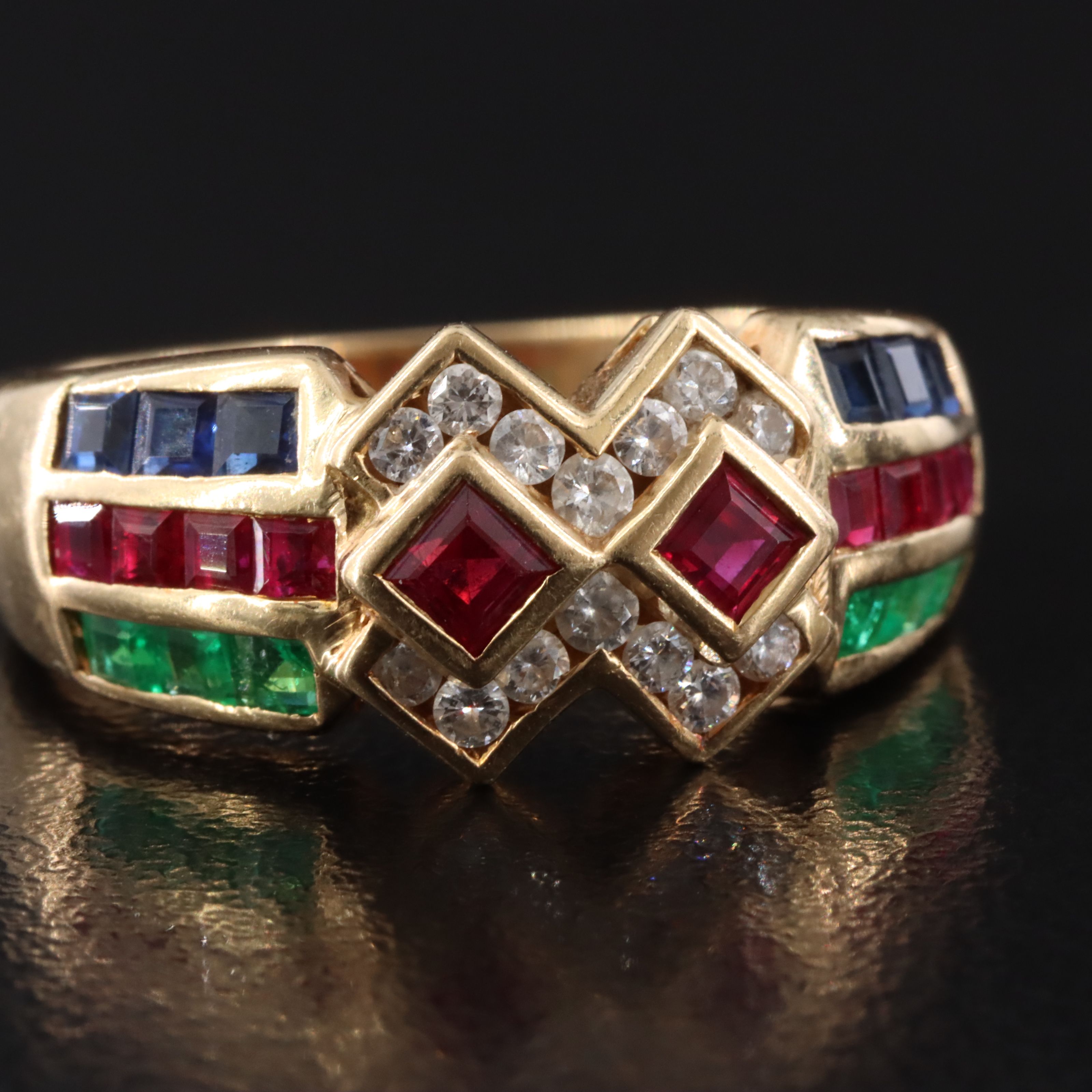 18K Ruby, Emerald, Sapphire and Diamond Ring