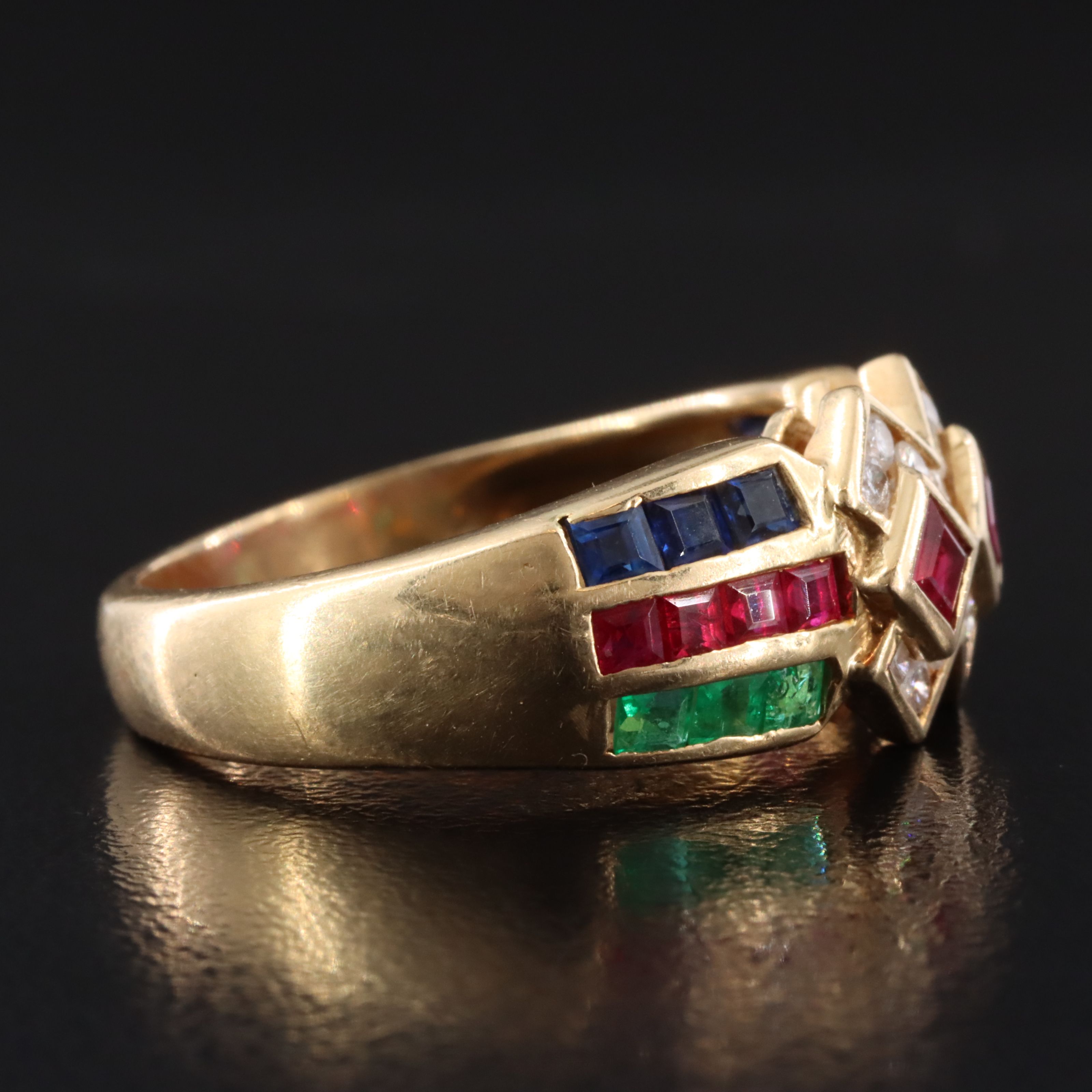 18K Ruby, Emerald, Sapphire and Diamond Ring