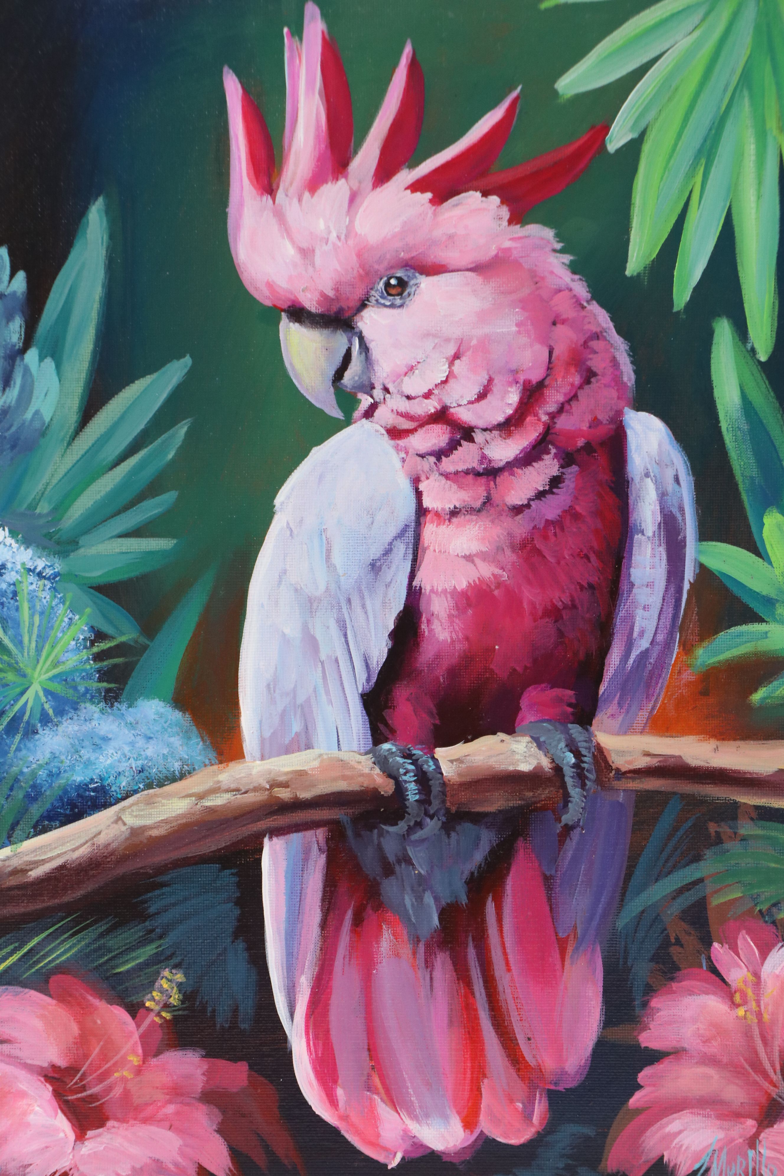 Jeshua Murillo Acrylic Painting of Pink Cockatoo, 21st Century