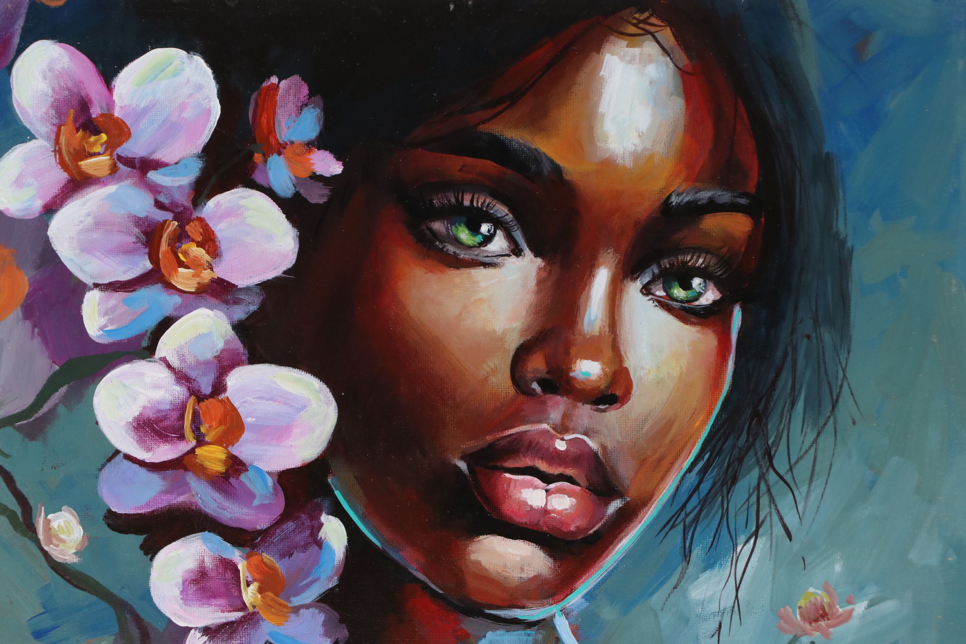 Jeshua Murillo Acrylic Portrait of Woman with Orchids, 21st Century