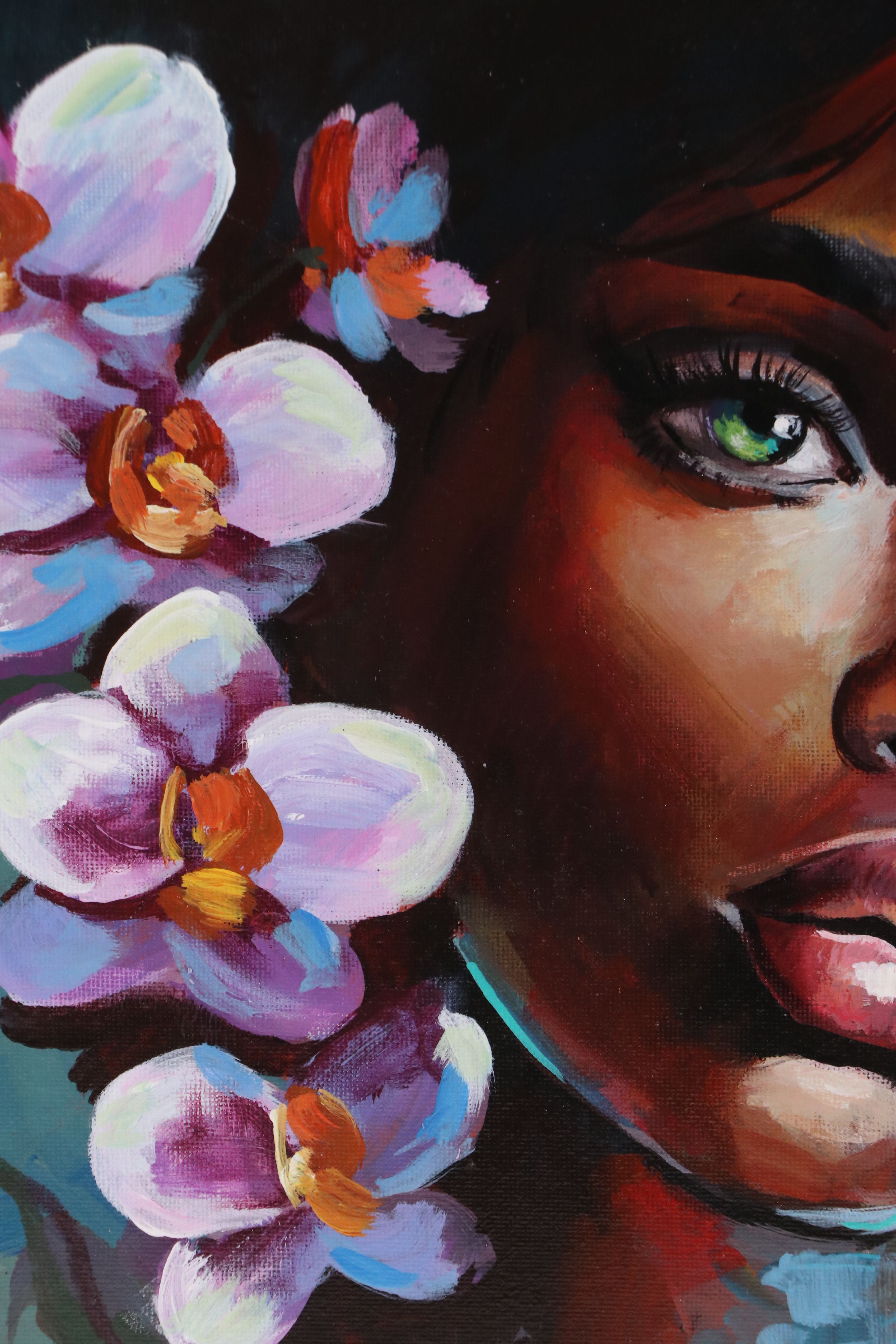 Jeshua Murillo Acrylic Portrait of Woman with Orchids, 21st Century