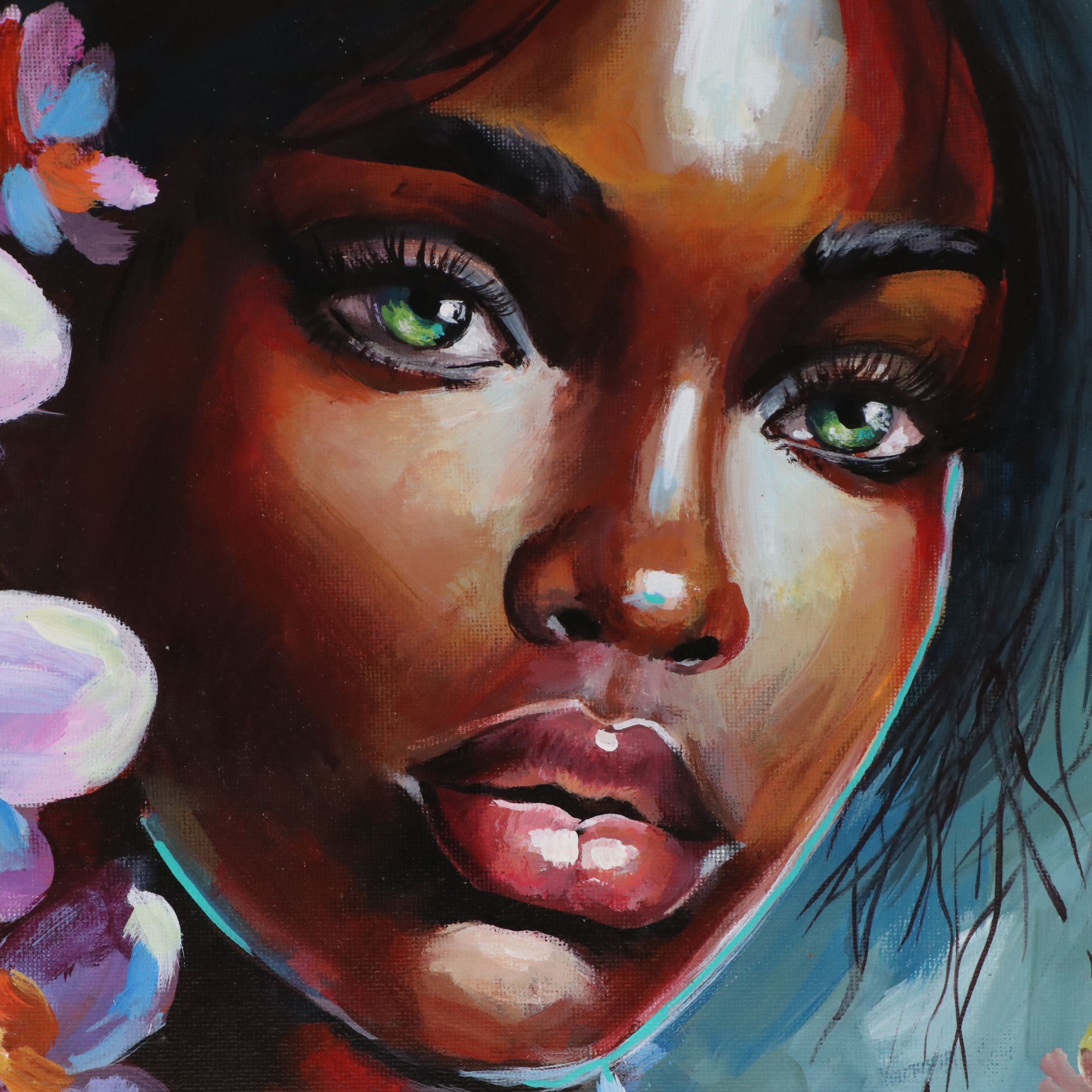 Jeshua Murillo Acrylic Portrait of Woman with Orchids, 21st Century