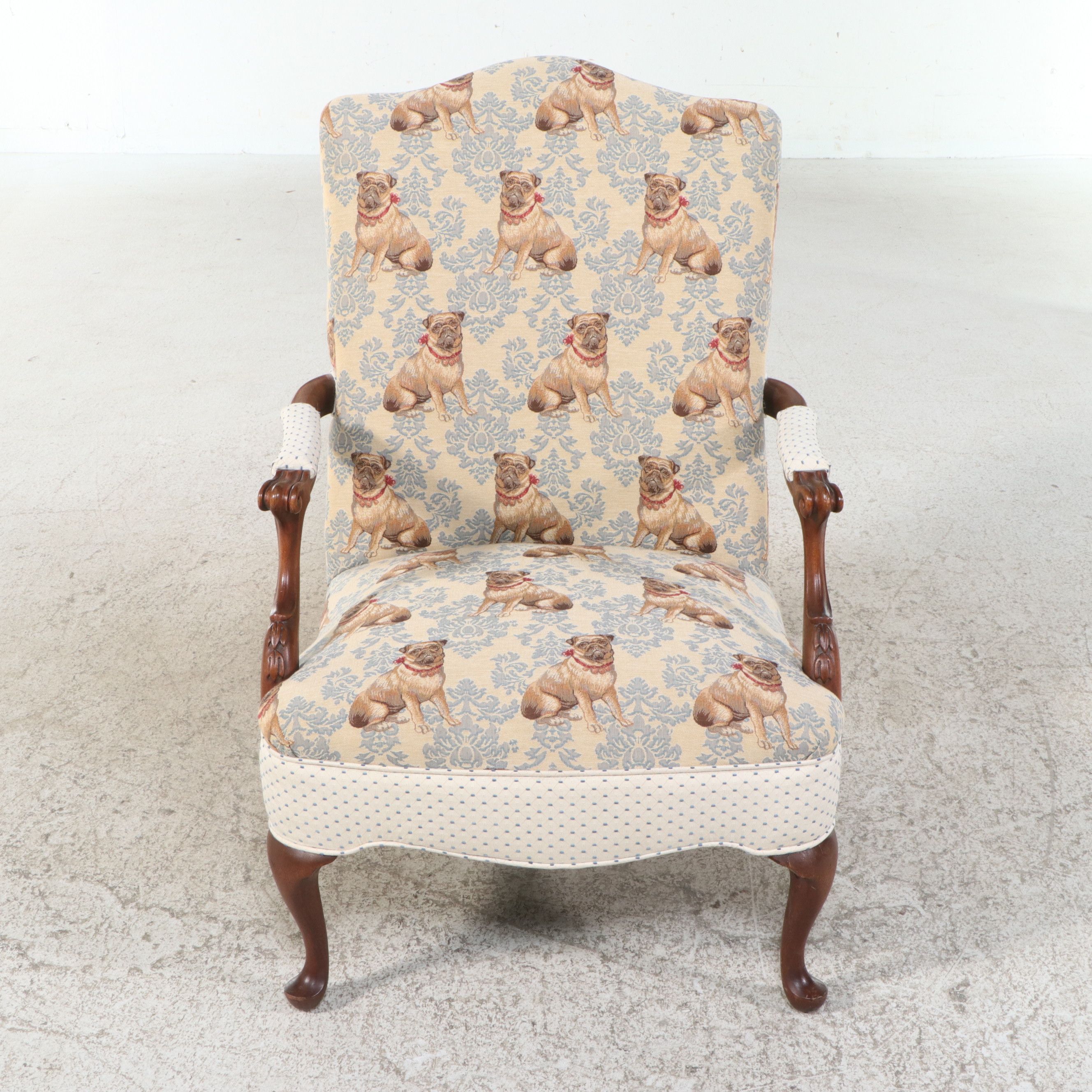 Chippendale Style Mahogany Lolling Chair with Pug Pattern Tapestry Upholstery