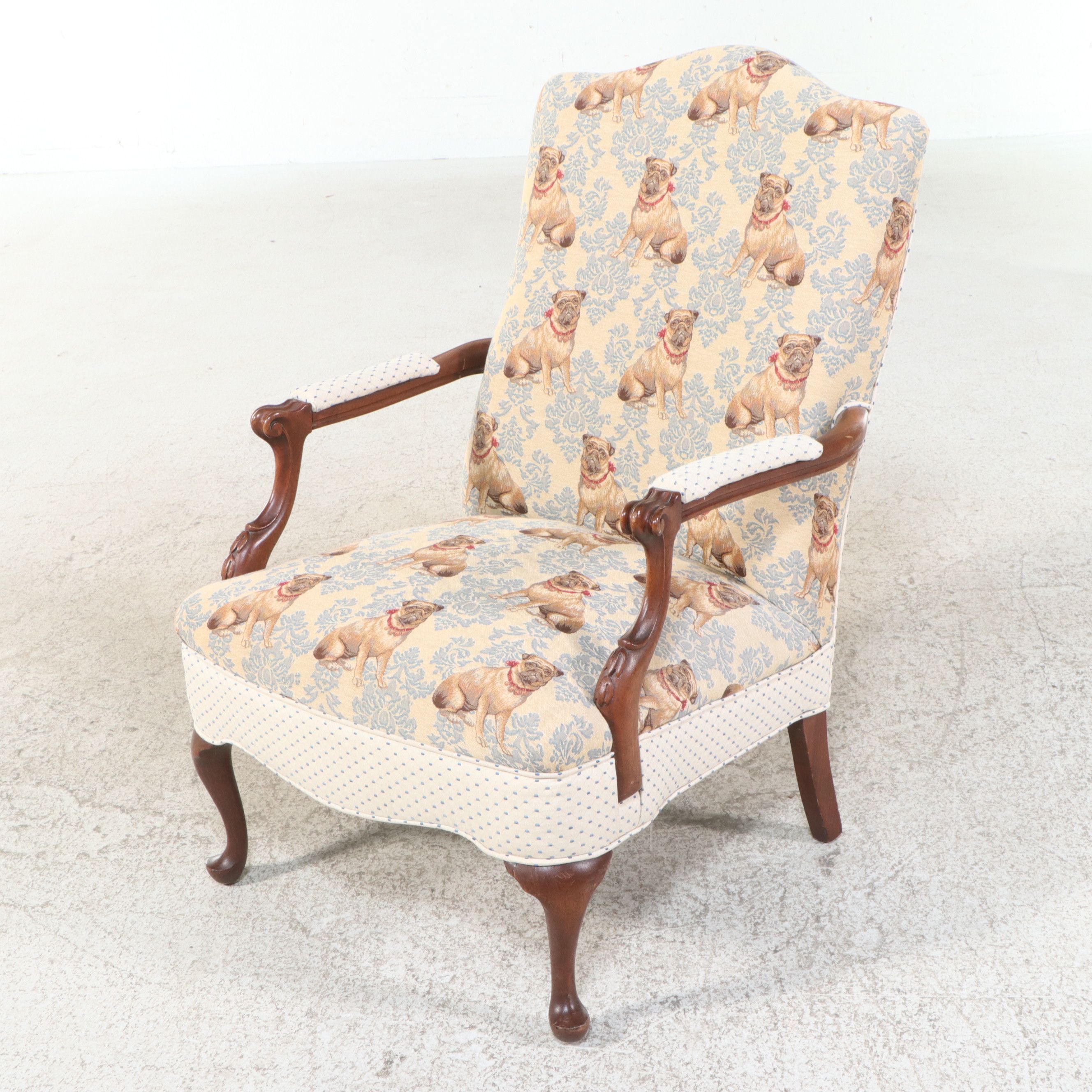 Chippendale Style Mahogany Lolling Chair with Pug Pattern Tapestry Upholstery