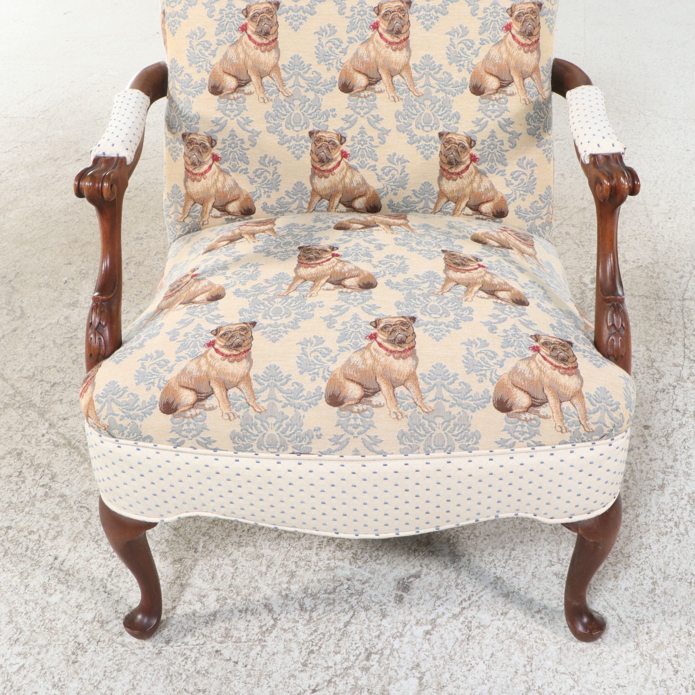 Chippendale Style Mahogany Lolling Chair with Pug Pattern Tapestry Upholstery