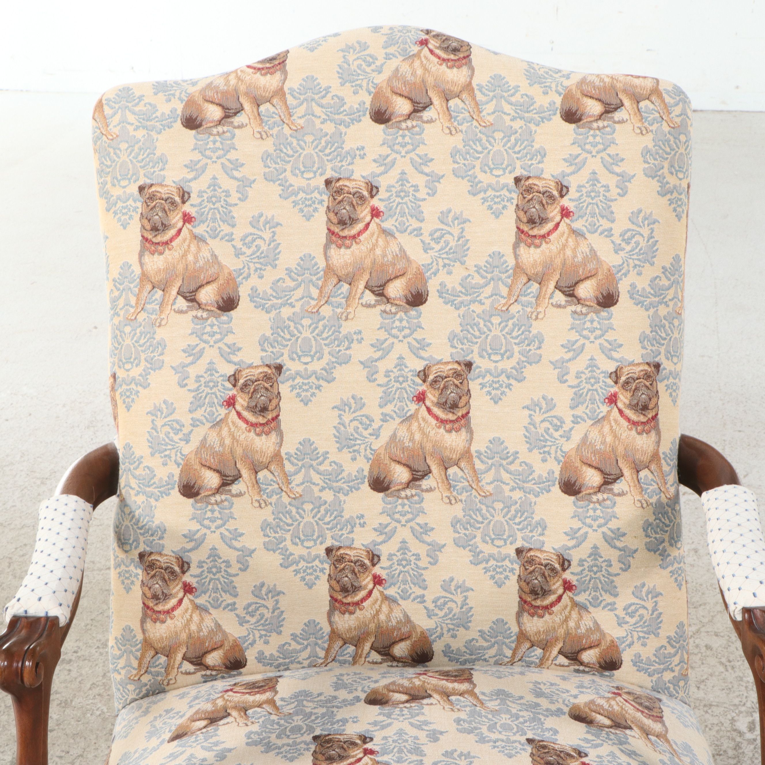 Chippendale Style Mahogany Lolling Chair with Pug Pattern Tapestry Upholstery