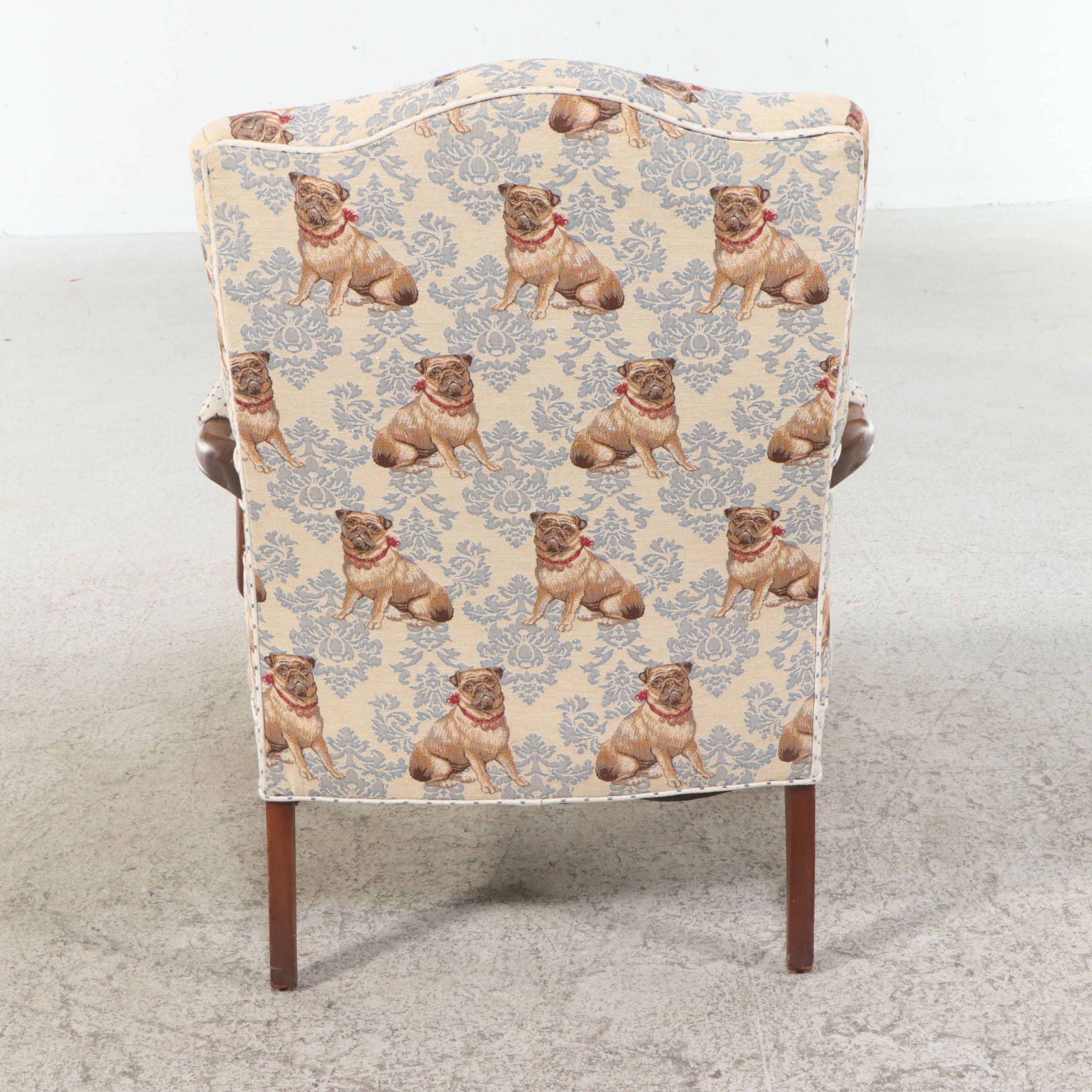 Chippendale Style Mahogany Lolling Chair with Pug Pattern Tapestry Upholstery