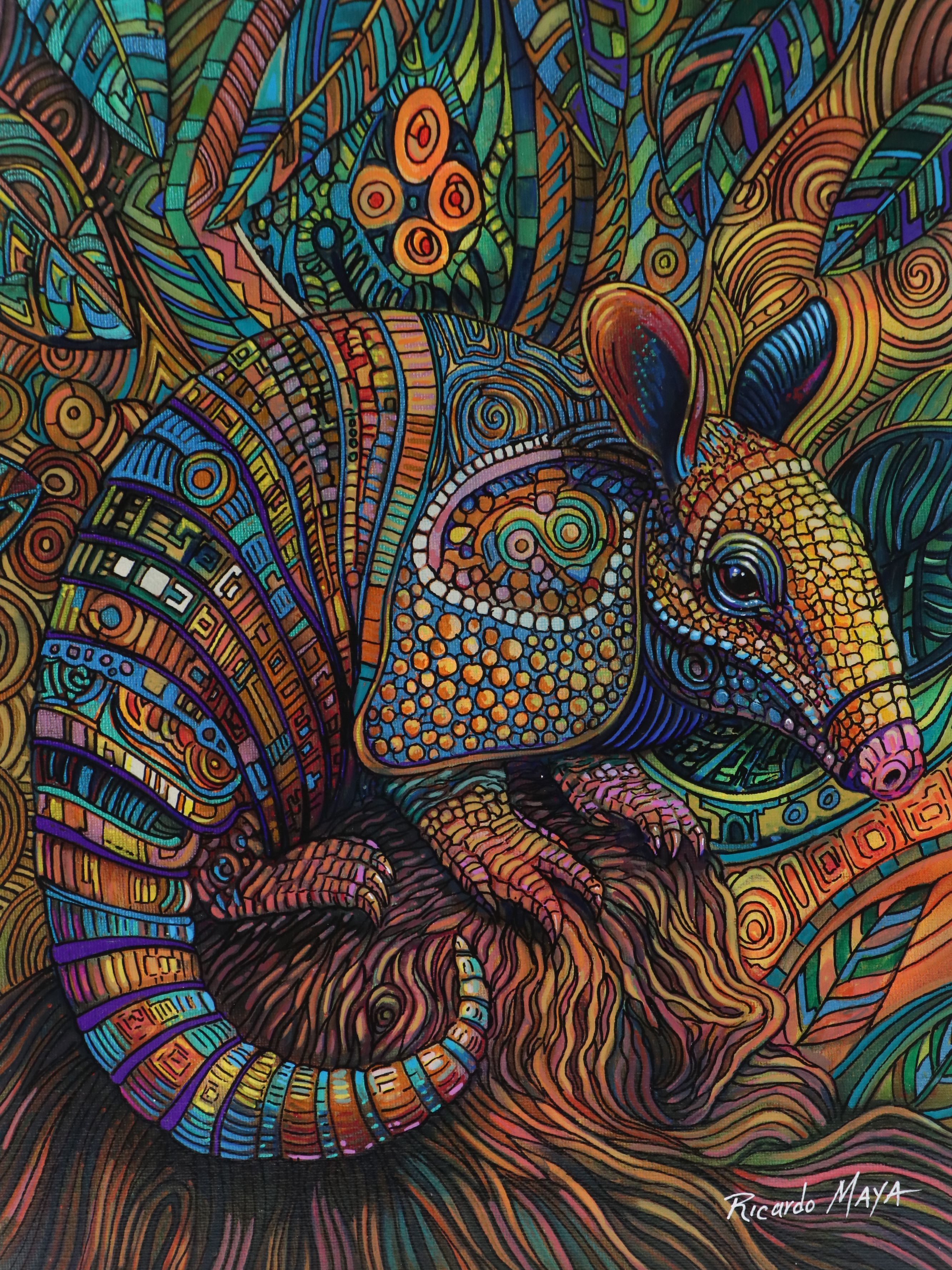 Ricardo Maya Stylized Acrylic Painting of Armadillo, 21st Century