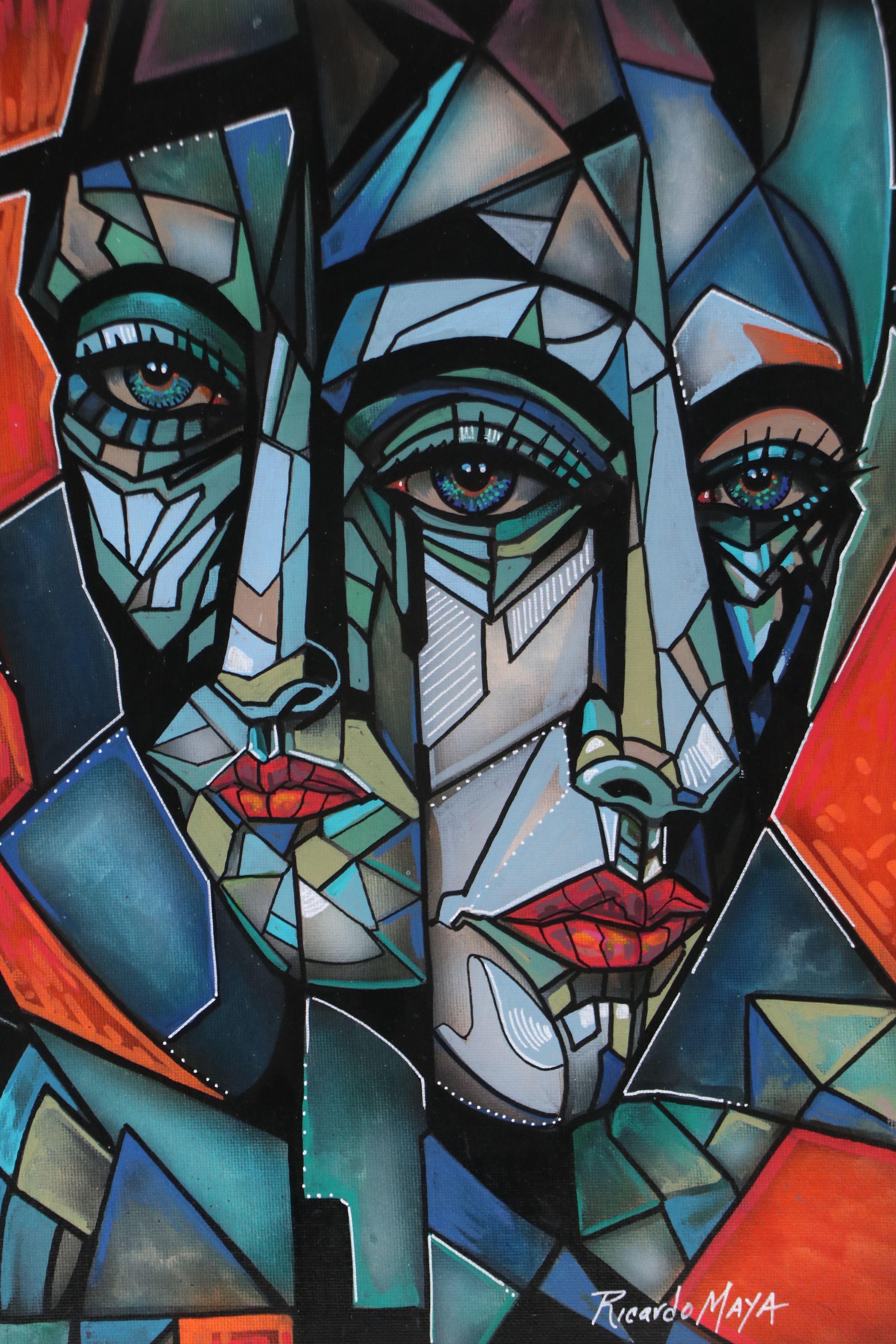 Ricardo Maya Stylized Acrylic Painting of Cubist Portrait, 21st Century