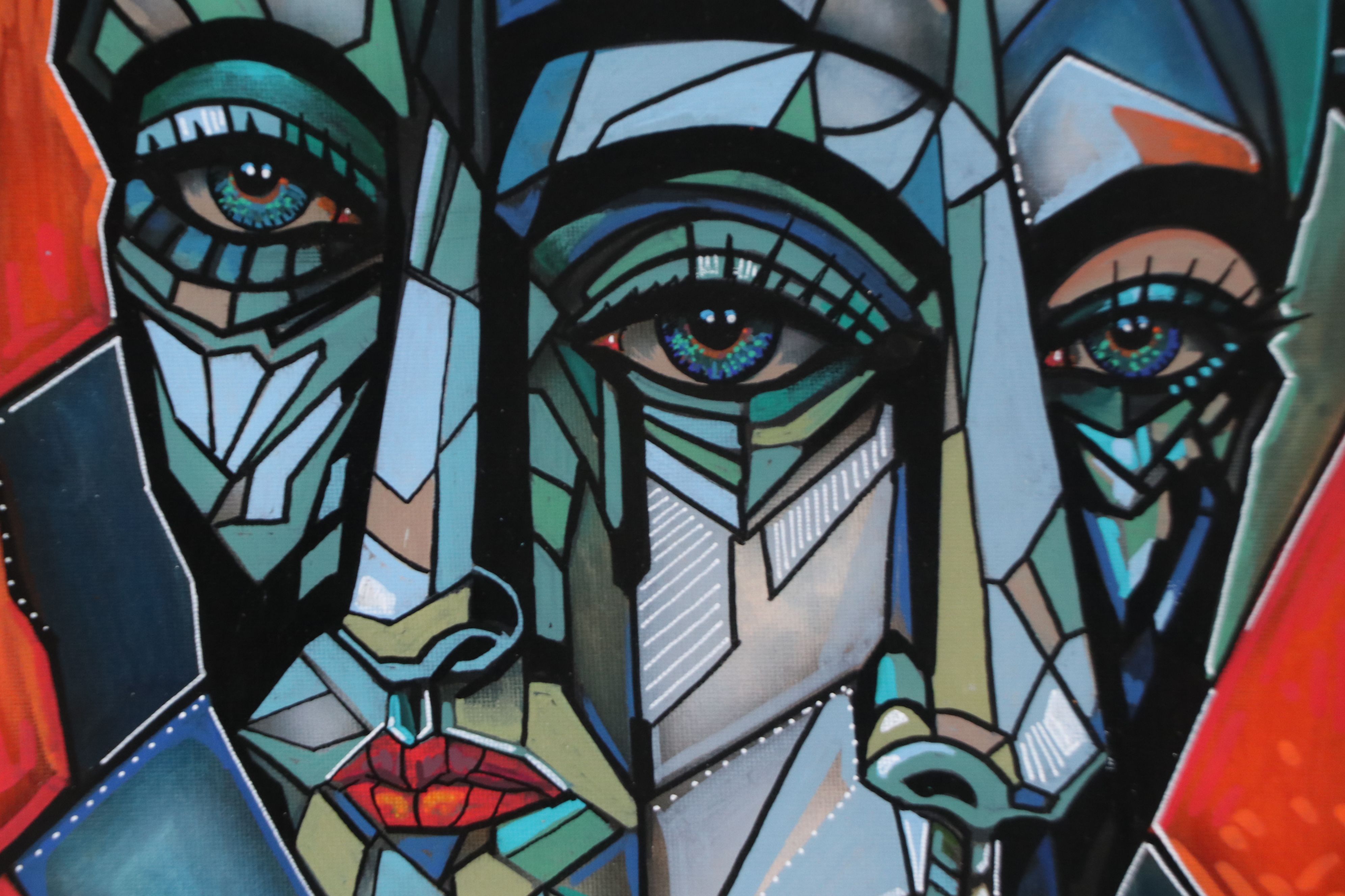 Ricardo Maya Stylized Acrylic Painting of Cubist Portrait, 21st Century