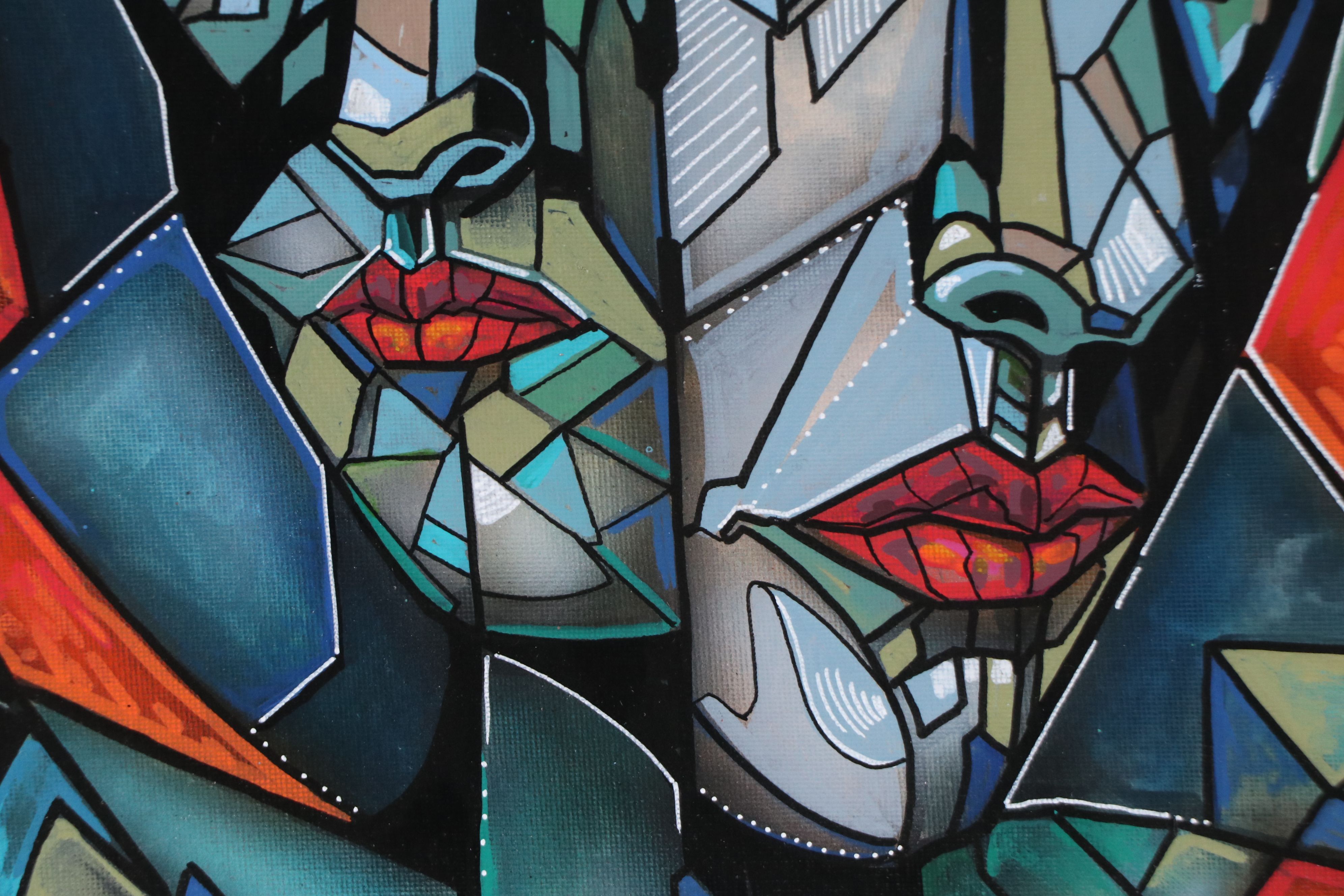 Ricardo Maya Stylized Acrylic Painting of Cubist Portrait, 21st Century