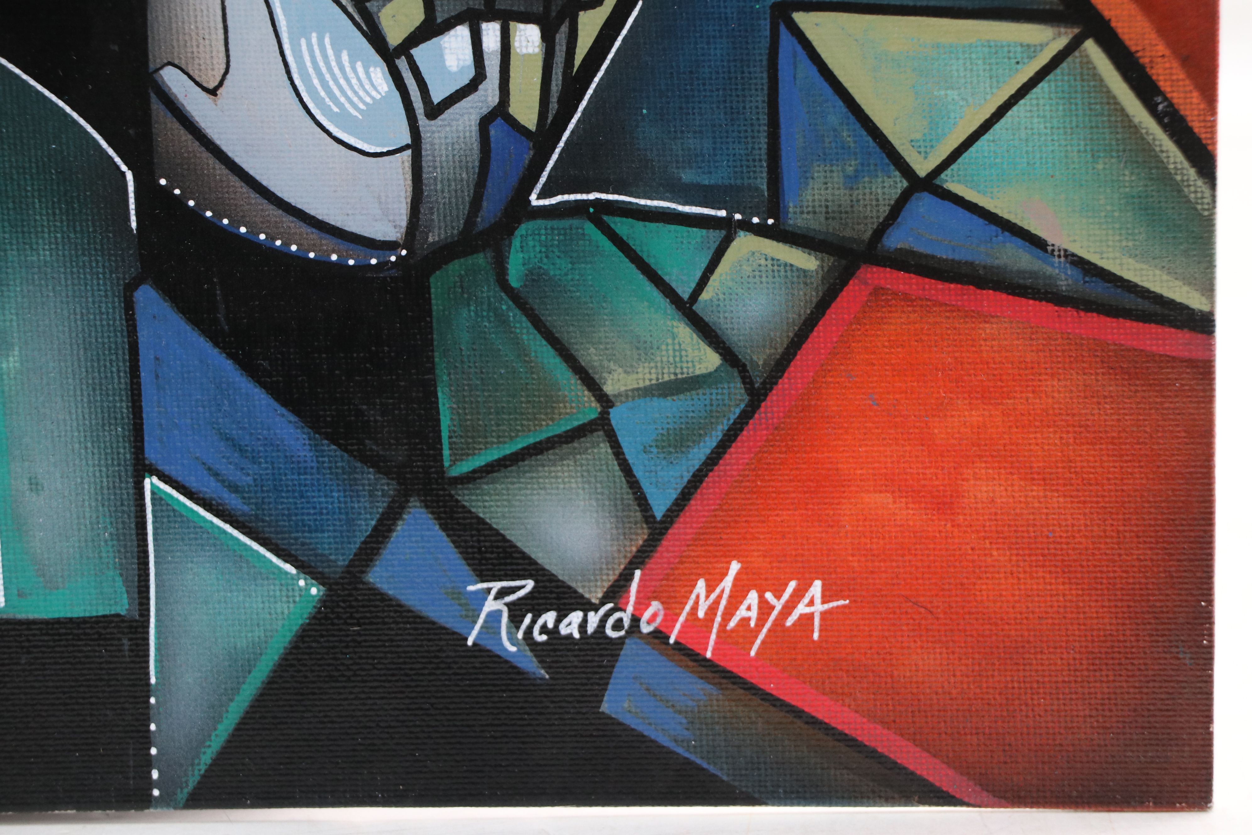 Ricardo Maya Stylized Acrylic Painting of Cubist Portrait, 21st Century