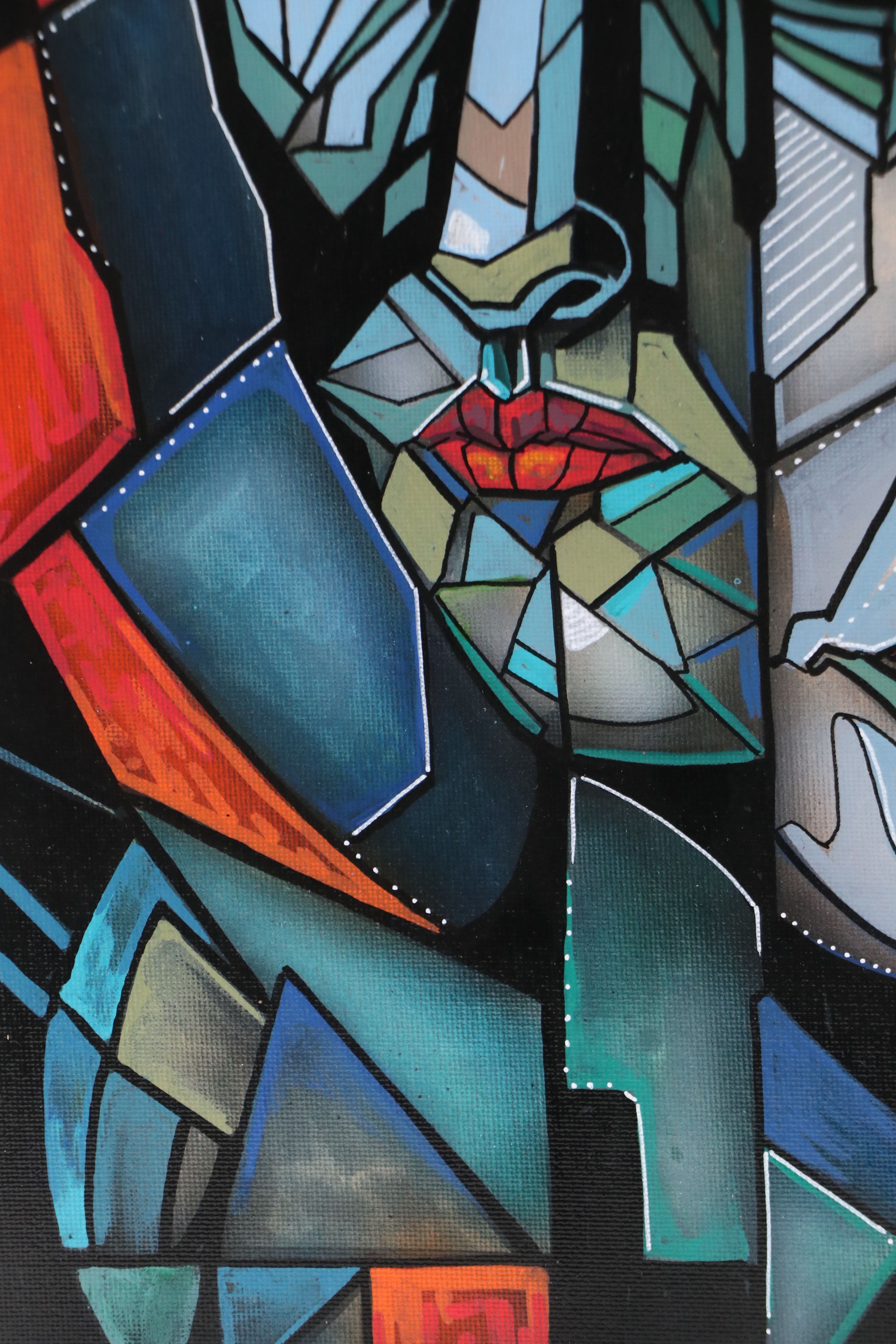 Ricardo Maya Stylized Acrylic Painting of Cubist Portrait, 21st Century