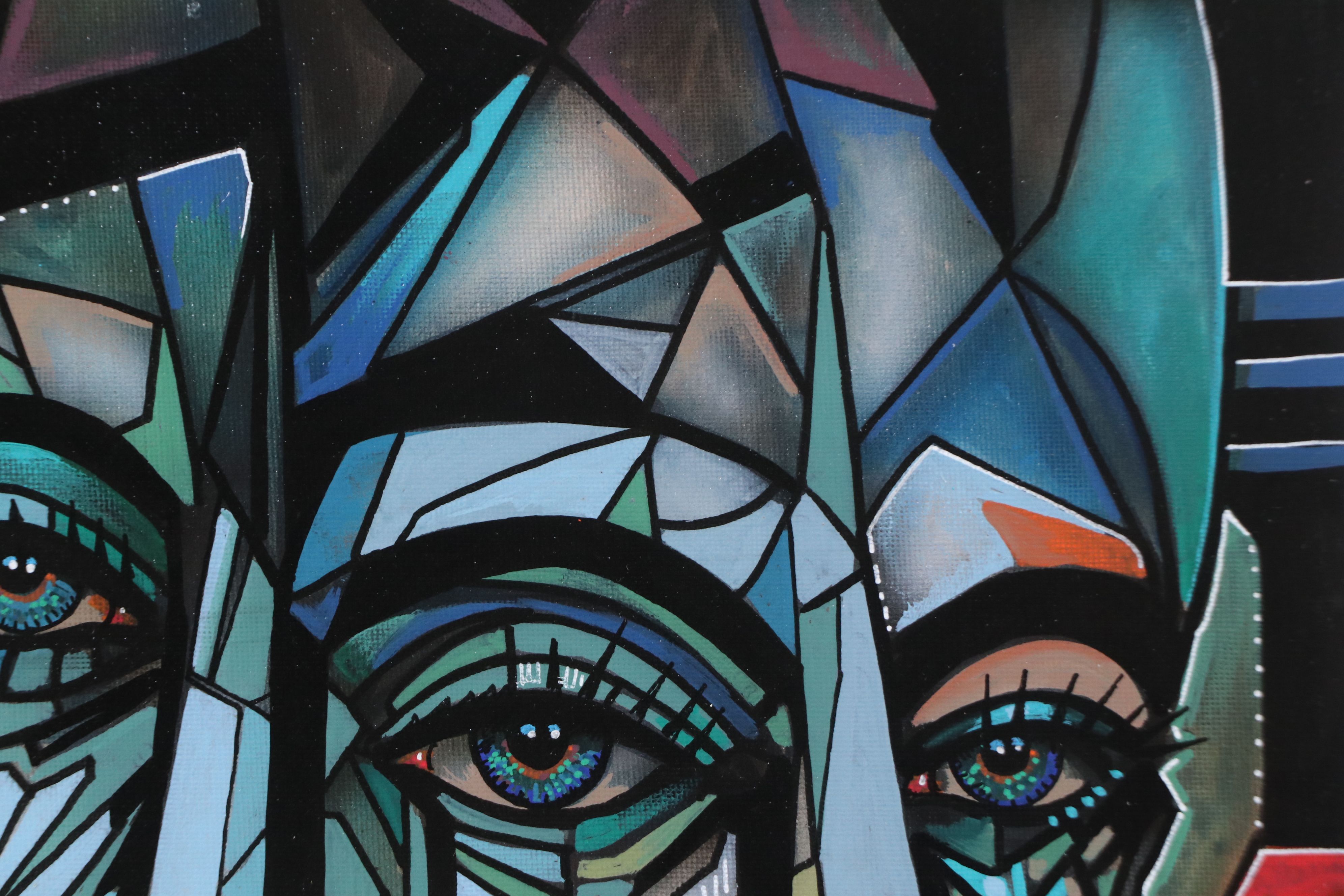 Ricardo Maya Stylized Acrylic Painting of Cubist Portrait, 21st Century