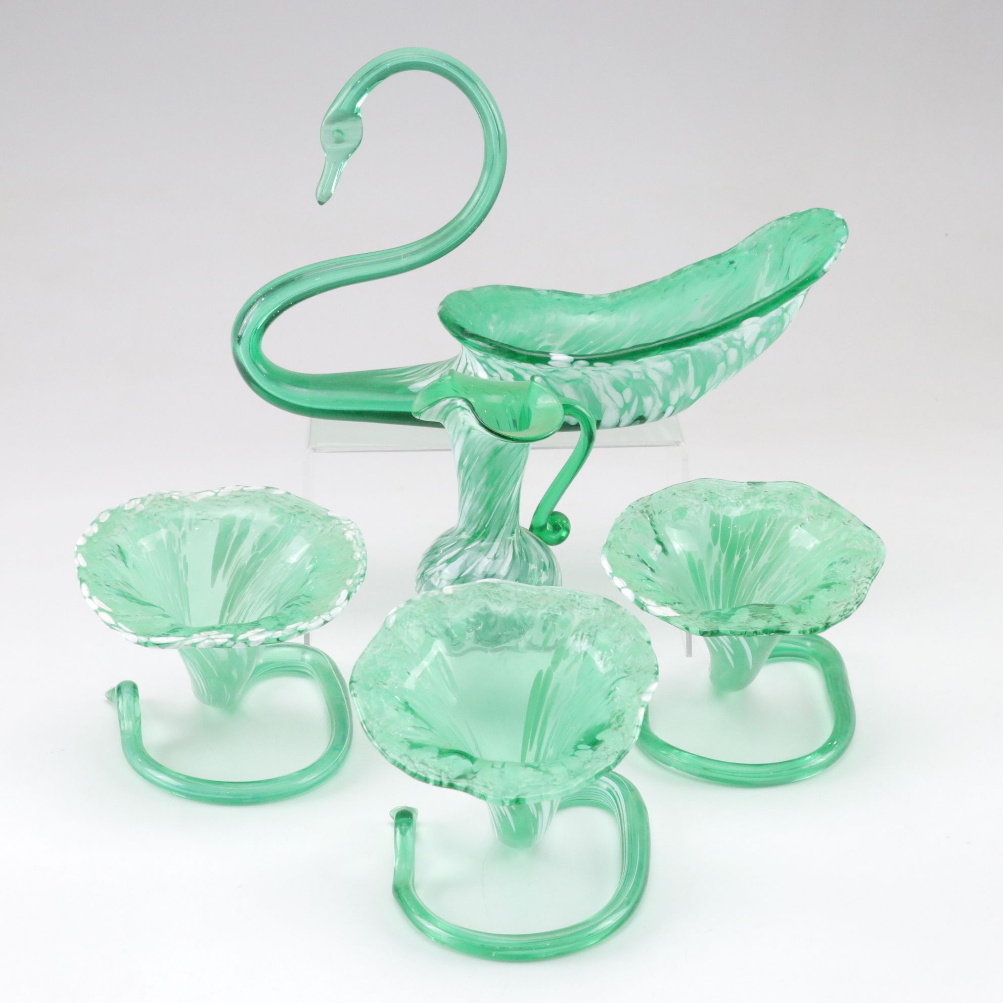 Murano Style Mottled Green Glass Swan Bowl, Bud Flower Vases and Pitcher