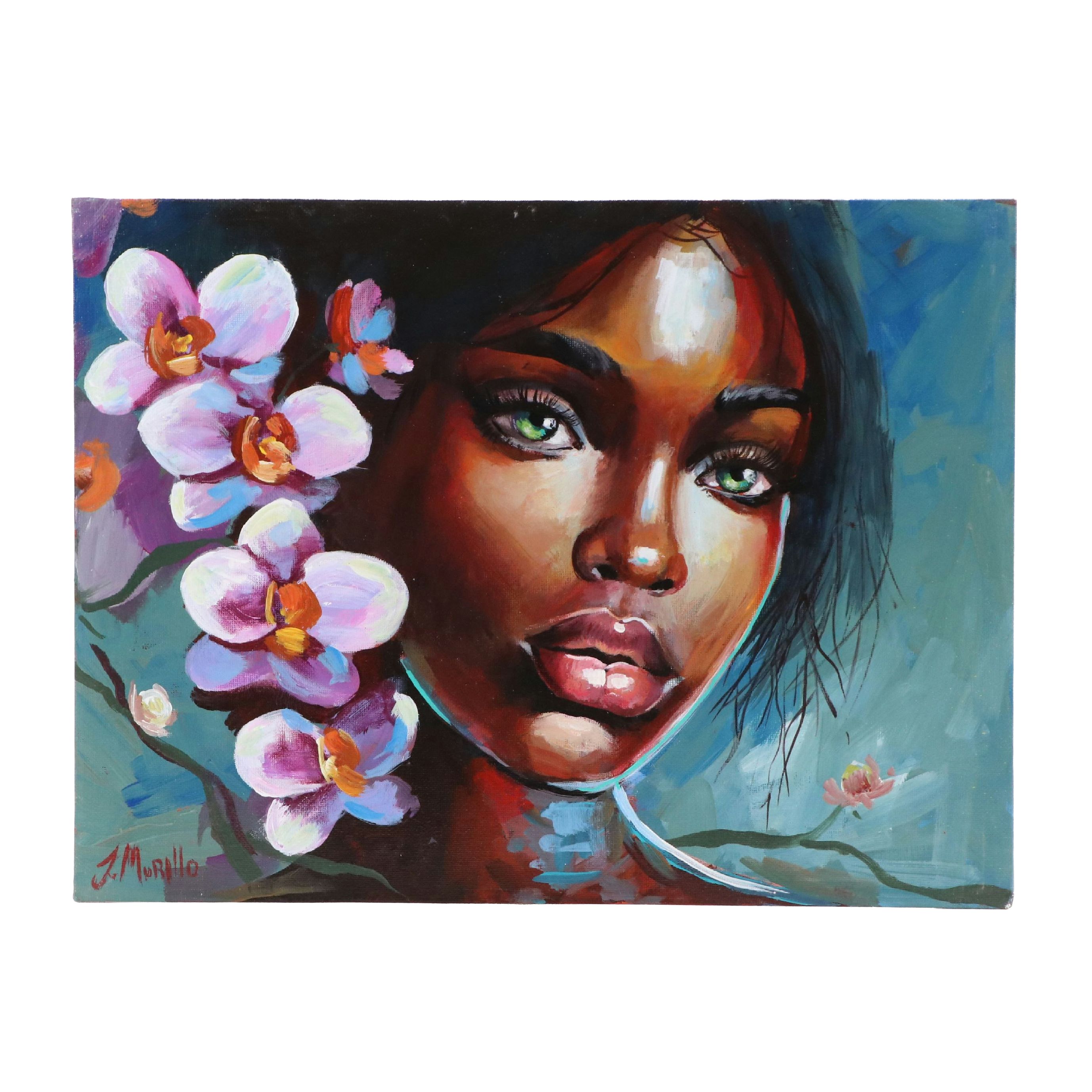 Jeshua Murillo Acrylic Portrait of Woman with Orchids, 21st Century