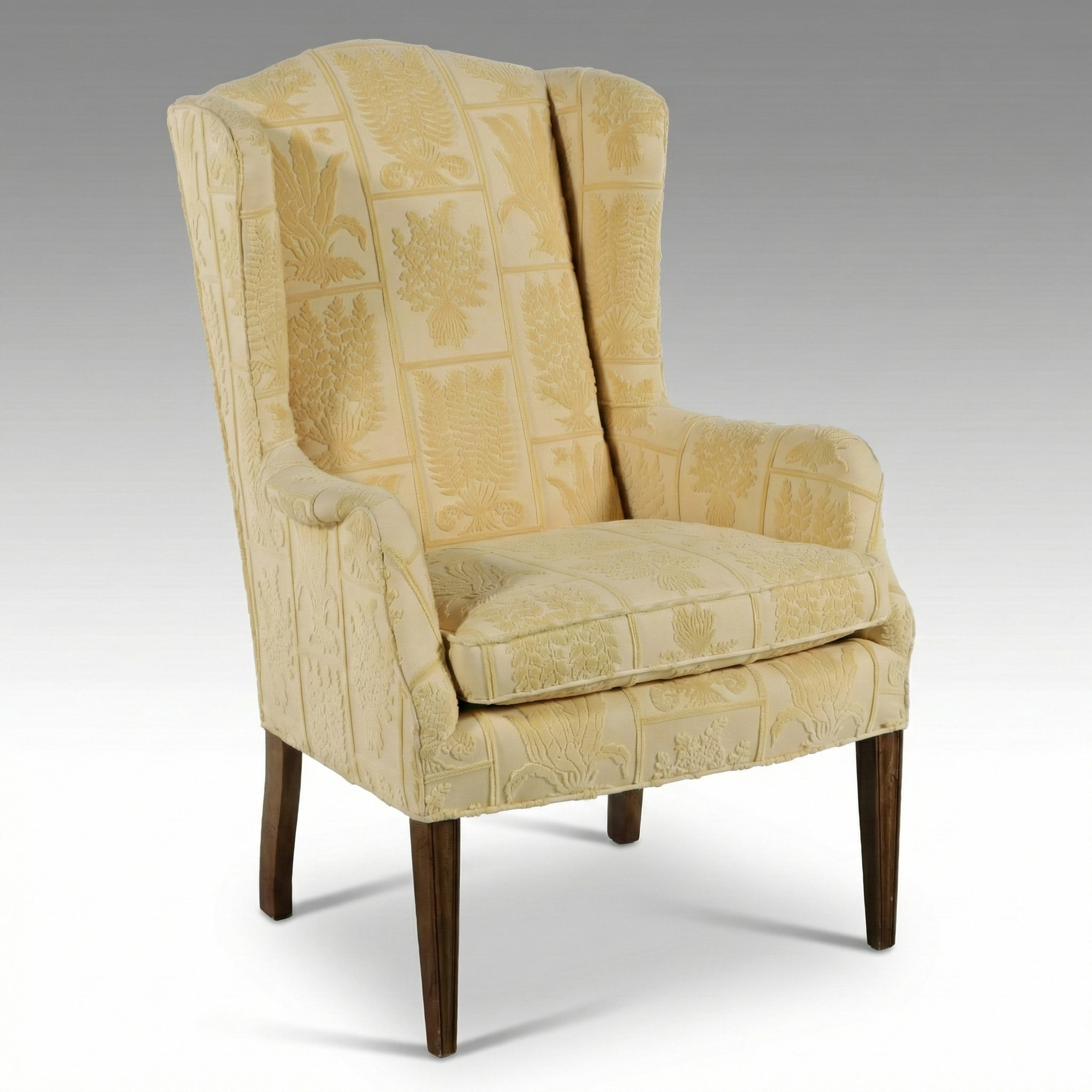 Chippendale Style Yellow Floral Damask Upholstered Wingback Chair