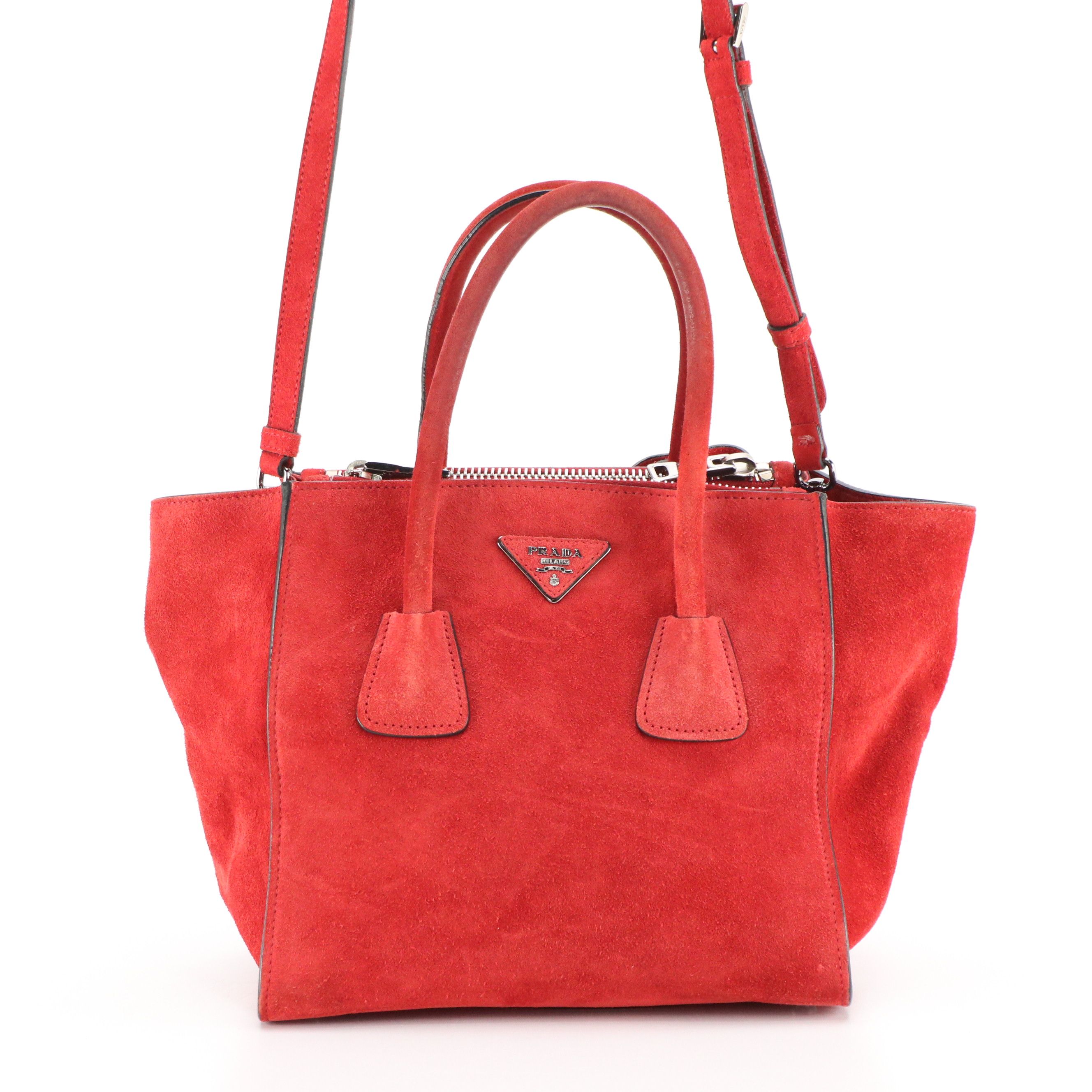 Prada Twin Pocket Two-Way Tote in Red Suede and Lambskin Leather
