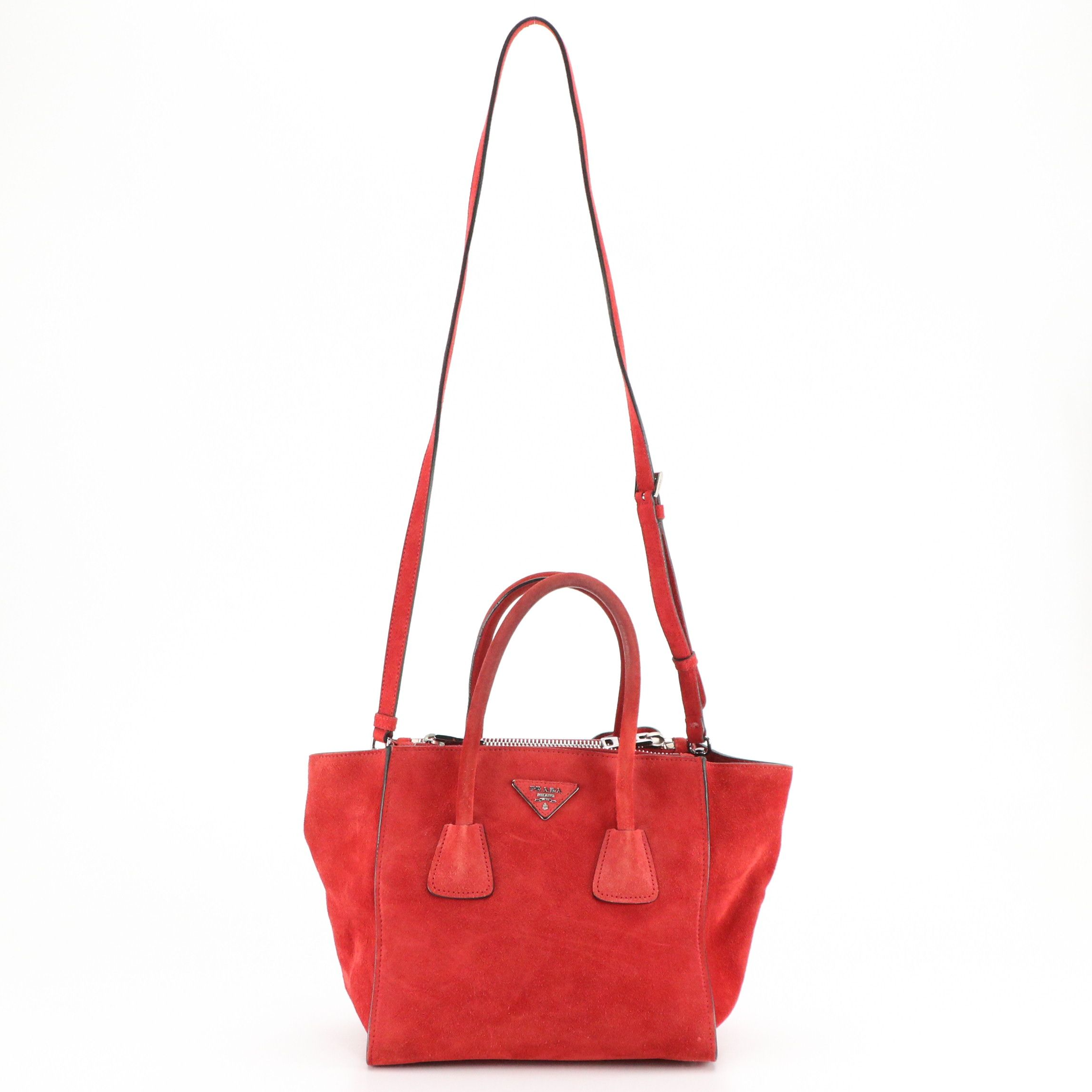 Prada Twin Pocket Two-Way Tote in Red Suede and Lambskin Leather