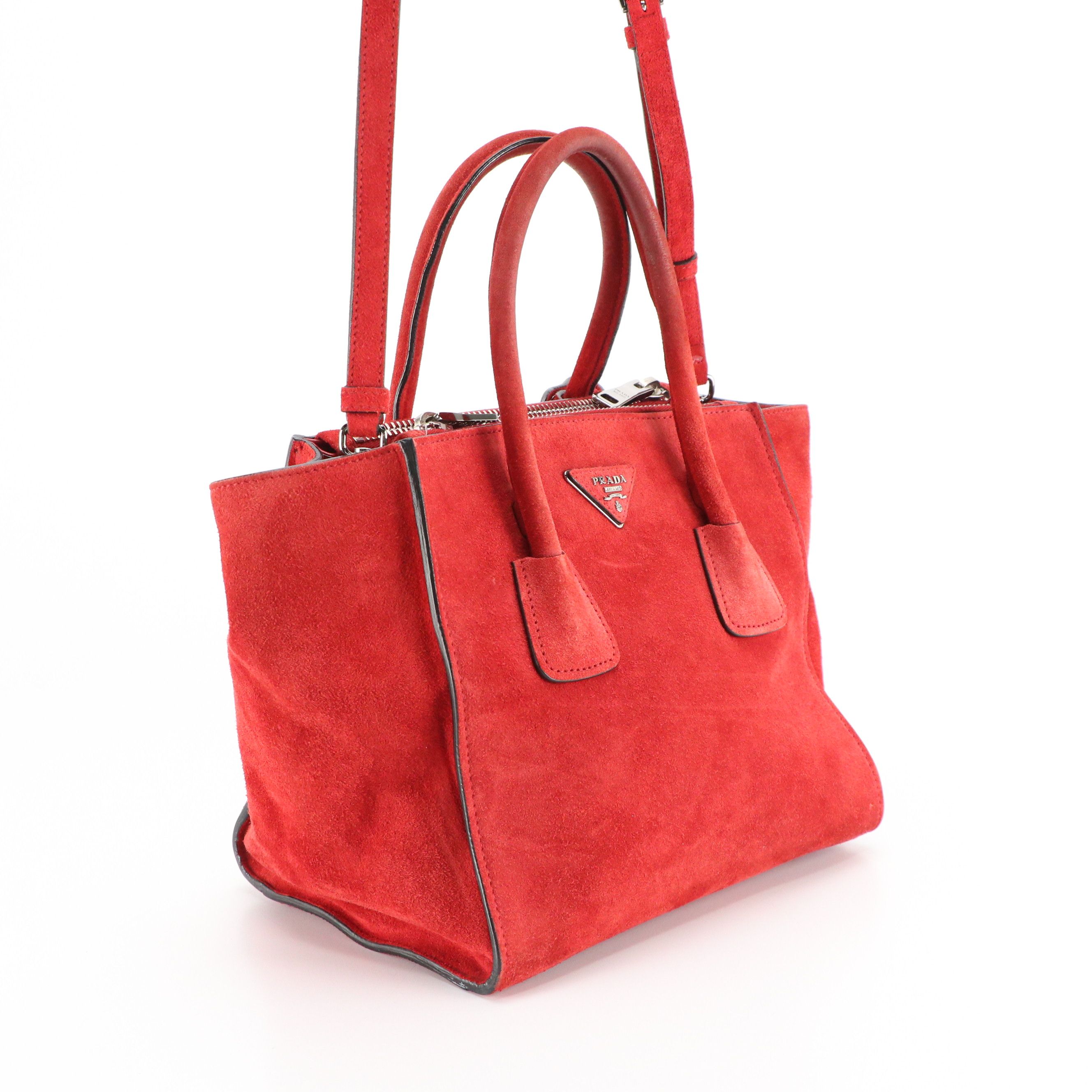 Prada Twin Pocket Two-Way Tote in Red Suede and Lambskin Leather
