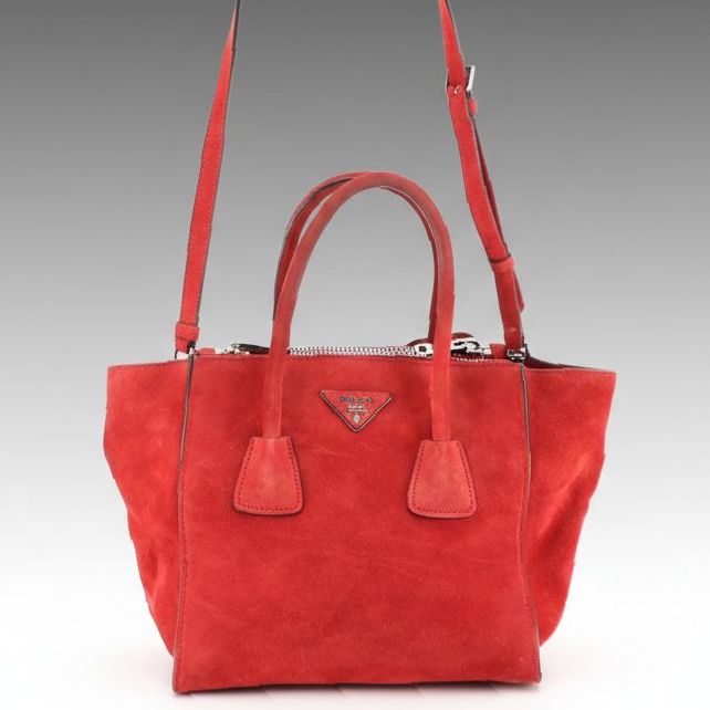 Prada Twin Pocket Two-Way Tote in Red Suede and Lambskin Leather