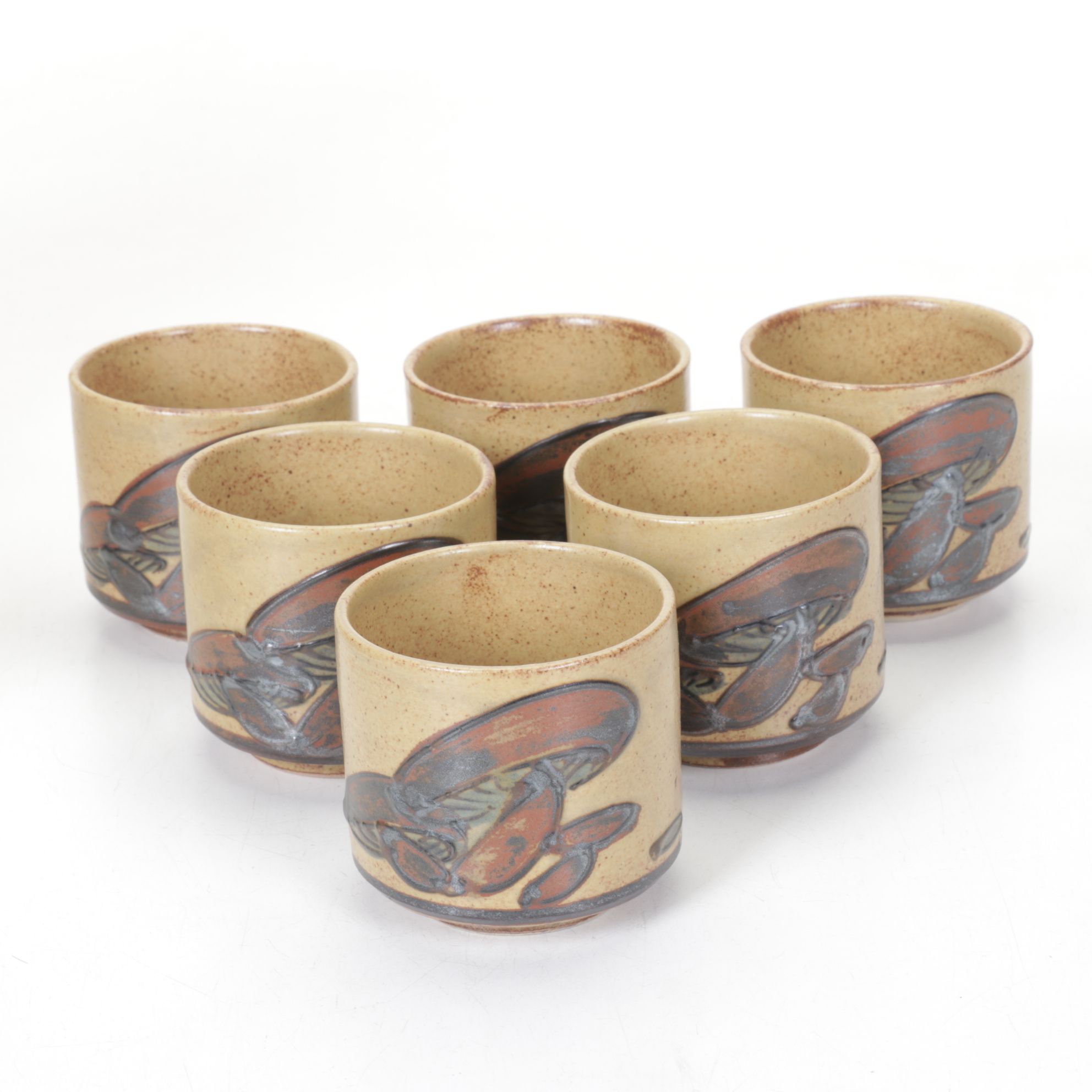 Japanese Otagiri Style Stoneware "Mushroom" and "Fish" Teapots and Cups