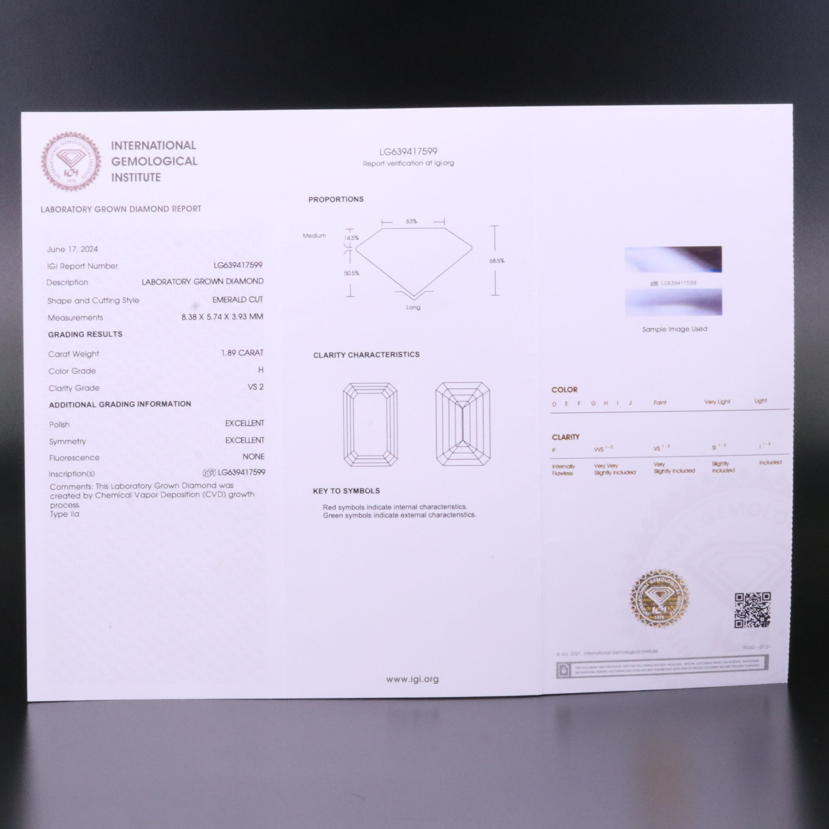 Loose 1.89 CT Lab Grown Diamond with IGI Report