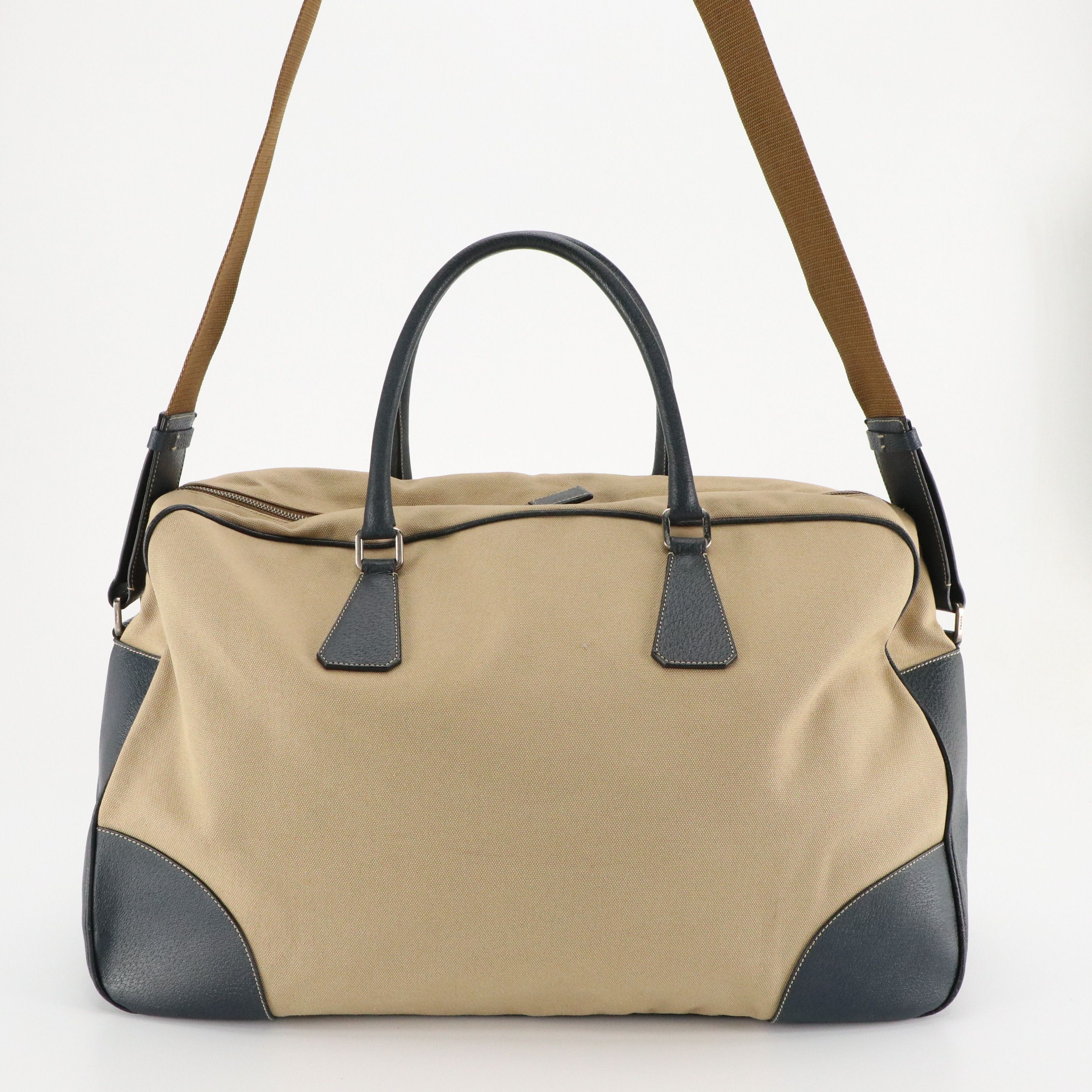 Prada Zip-Around Travel Bag in Beige Canvas and Marine Blue Cinghiale Leather