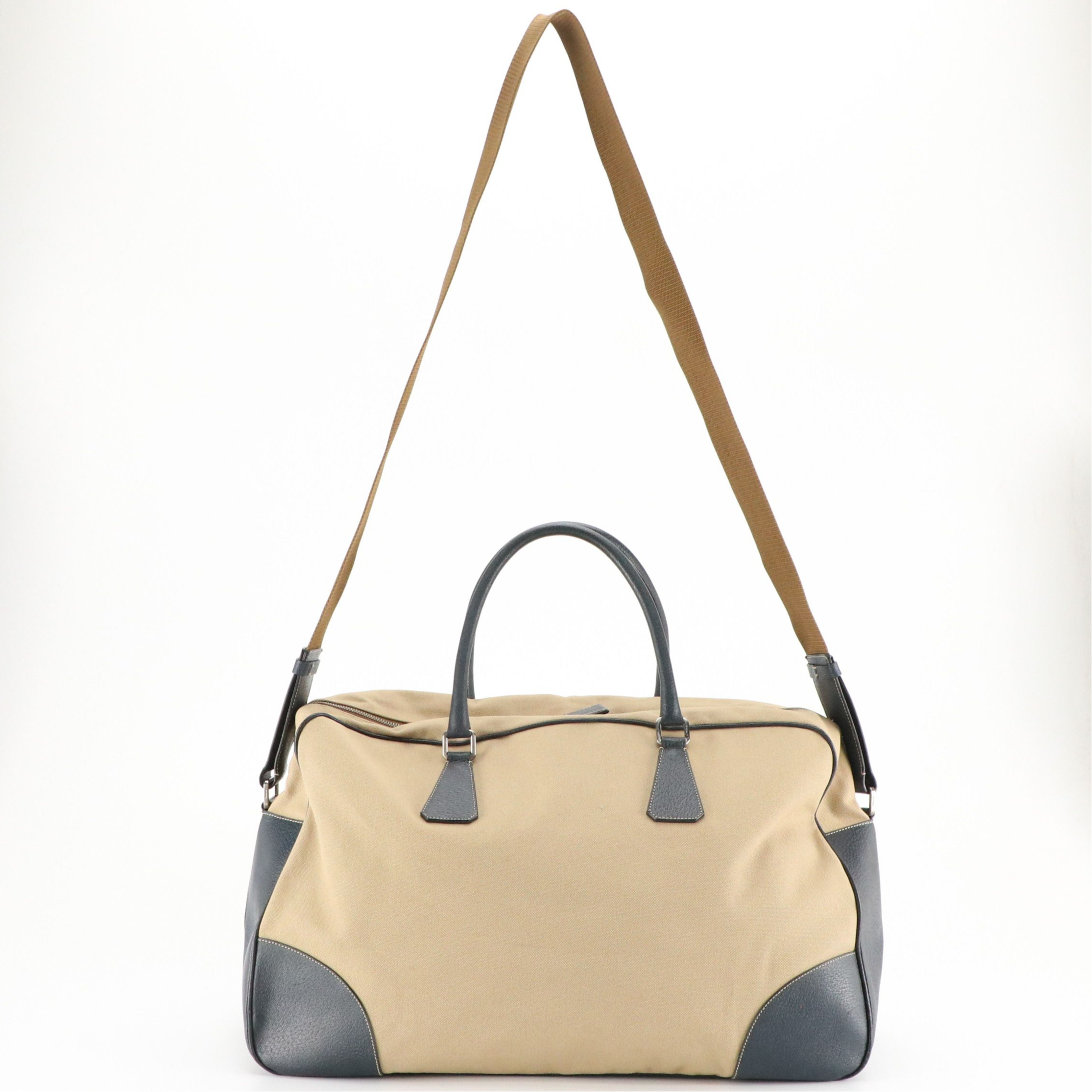 Prada Zip-Around Travel Bag in Beige Canvas and Marine Blue Cinghiale Leather